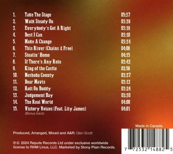 CD-Cover mit Titelliste. Vordergrund: Songtitel und -dauern. Hintergrund: Orange-brauner Farbverlauf.