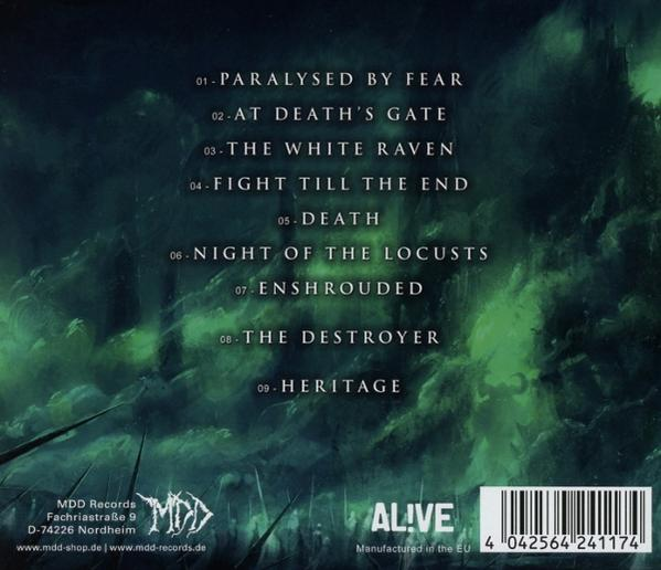 CD-Cover mit Titelliste. Vordergrund: Songtitel. Hintergrund: Dunkle, grün getönte Grafik.