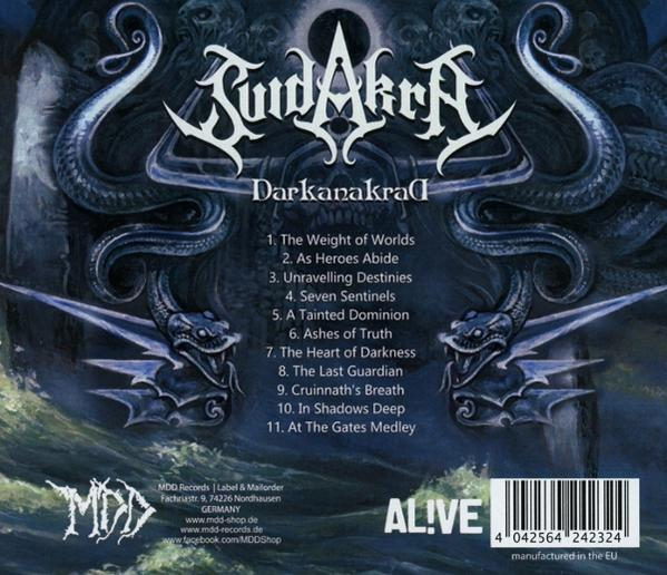 CD-Cover mit Titelliste. Vordergrund: Songtitel. Hintergrund: Dunkle, gotische Grafik.