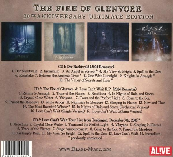Albumcover mit mehreren Bildern und Text. Es ist die 20th Anniversary Ultimate Edition von 'The Fire of Glenvore'.