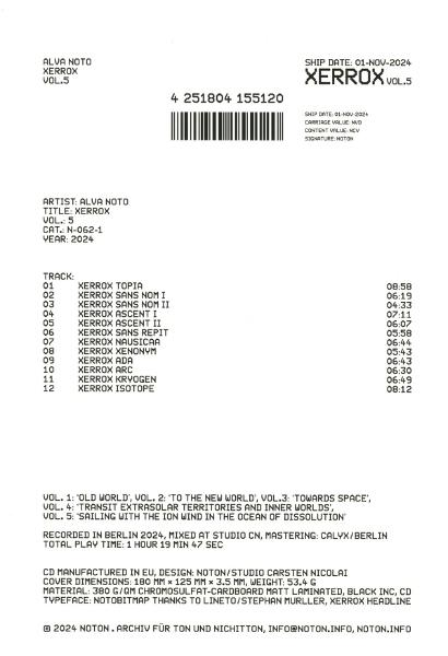 Ein weißes Papier mit einer Titelliste und Details zu einem CD-Album von Alva Noto.