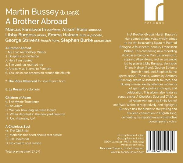 Albumcover mit Text. Es steht 'A Brother Abroad' von Martin Bussey, und eine Beschreibung auf der rechten Seite.