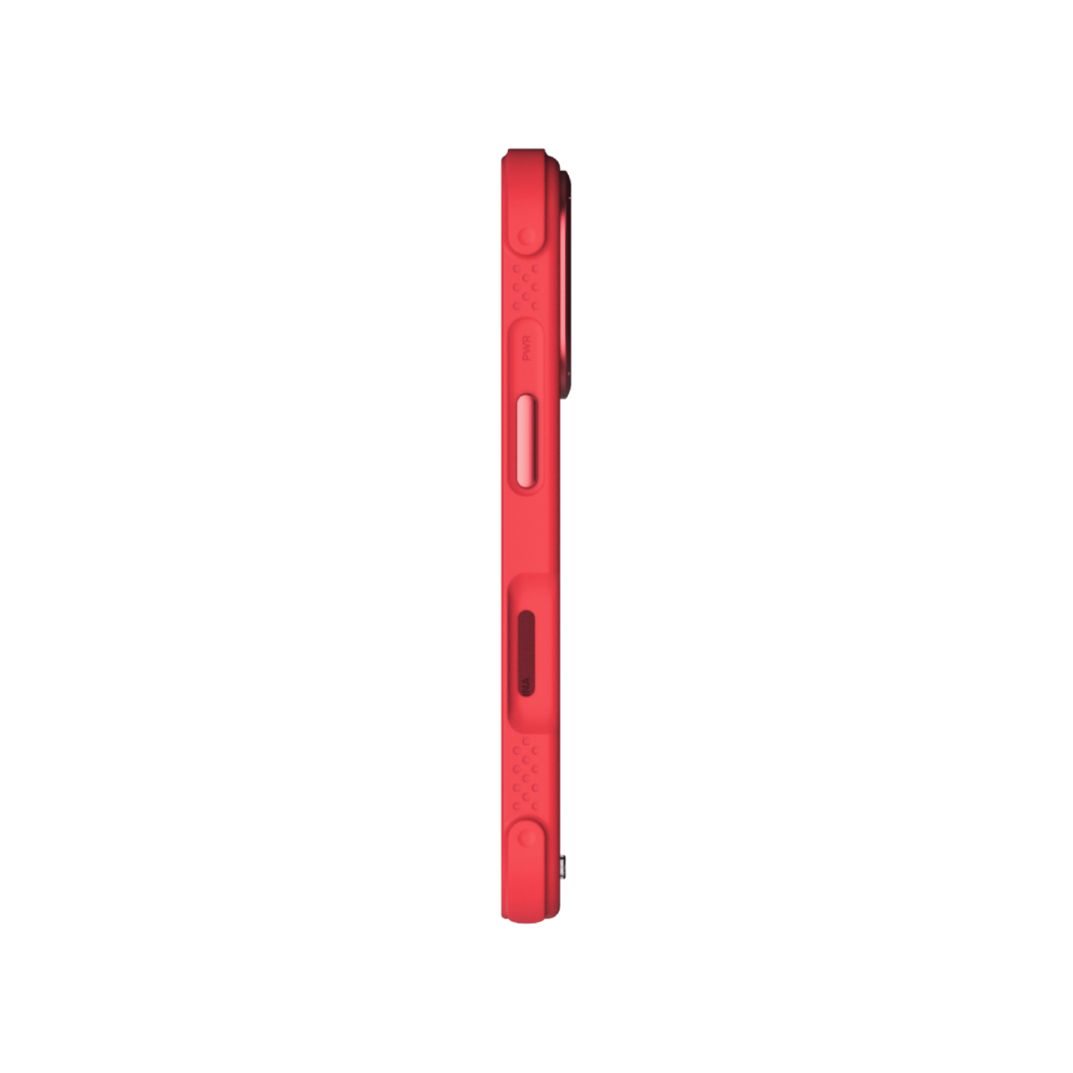 Kırmızı bir iPhone kılıfı, yan görünüm. Yanda telefonun özellikleri için düğmeler ve açıklıklar var.