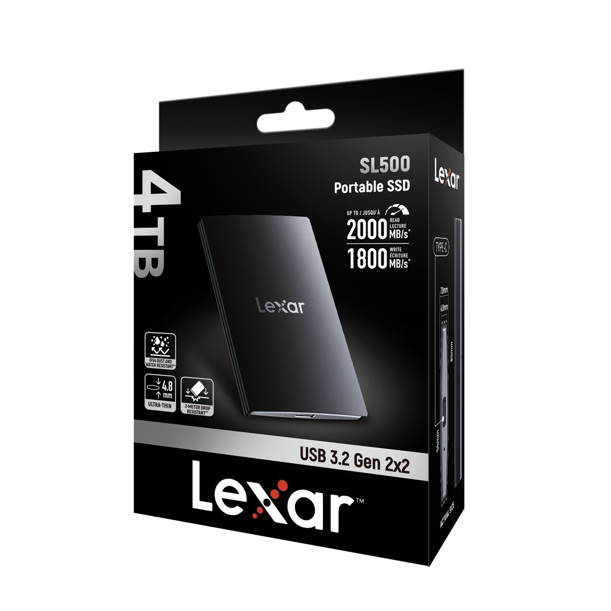 Siyah Lexar taşınabilir SSD kutusu, beyaz yazı ve ürün detayları ile.
