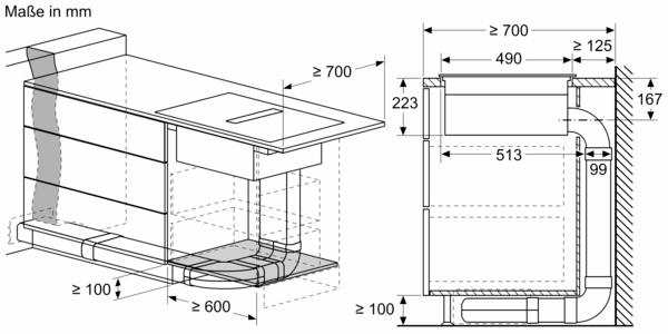 Diagramm des Bosch Induktionskochfelds, das Kanalisierung und Abmessungen für die Installation zeigt.