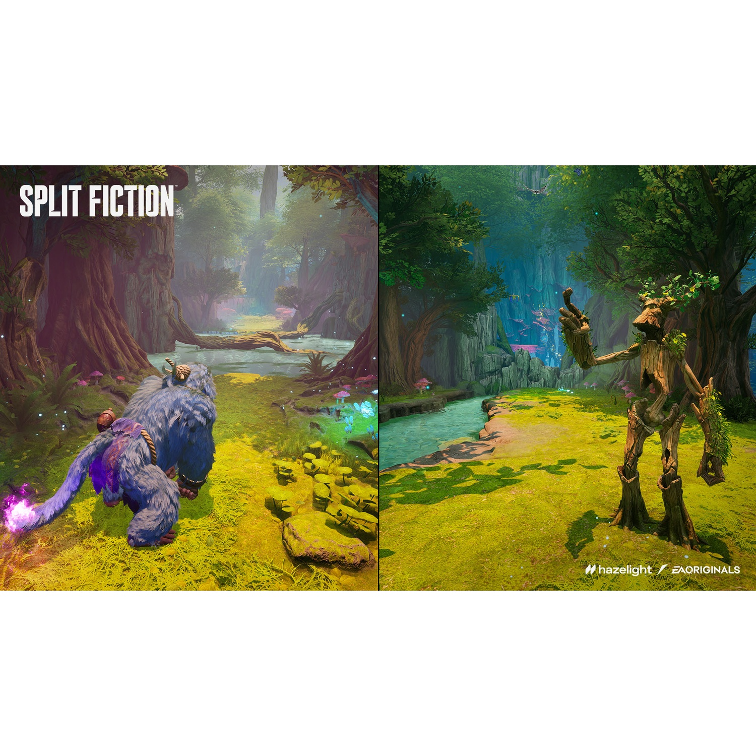 Due scene fantasy: una creatura blu e un uomo di legno. Loghi Split Fiction ed EA Originals visibili.