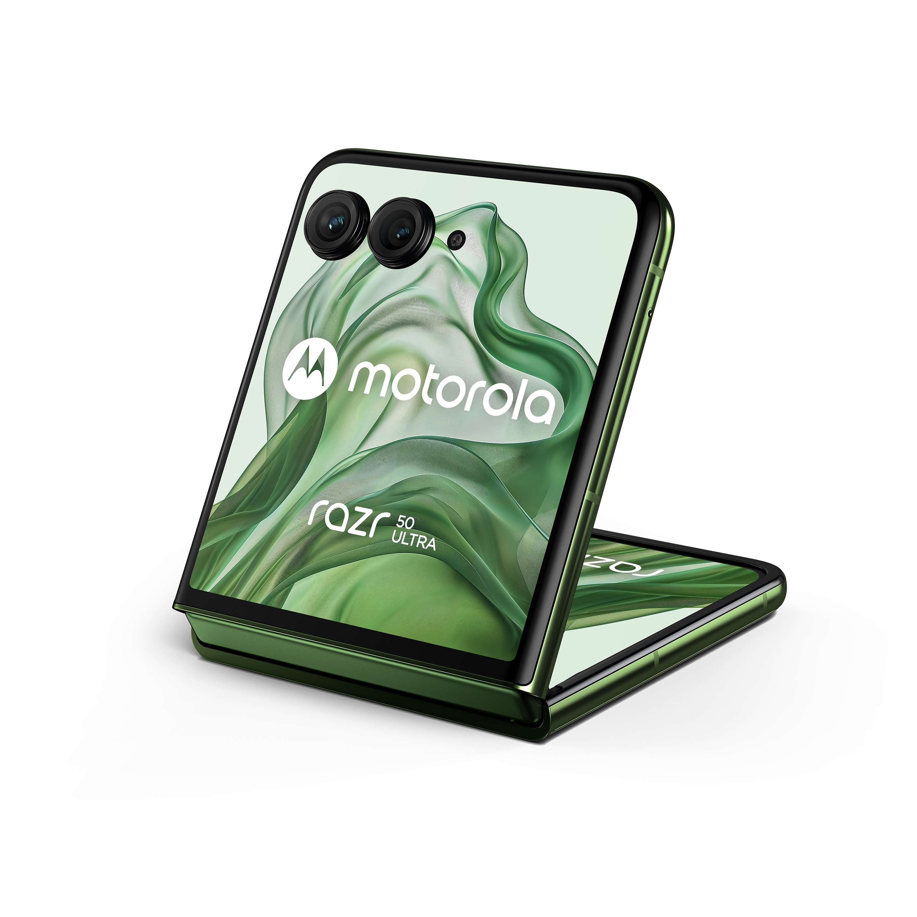Grünes faltbares Telefon mit weißem Motorola-Logo auf dem Bildschirm, aufgeklappt.