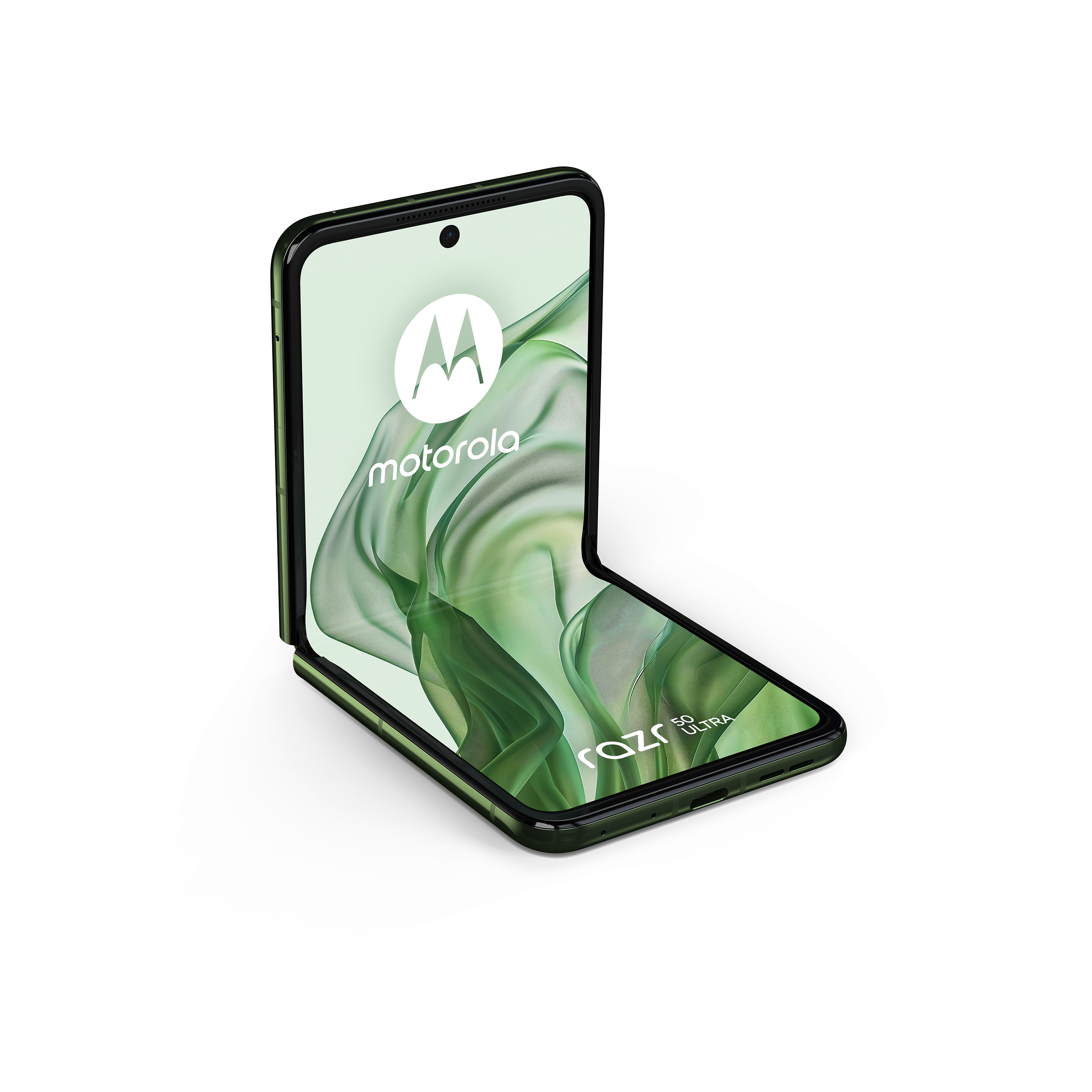 Grünes faltbares Telefon mit weißem Motorola-Logo auf dem Bildschirm, teilweise geöffnet.