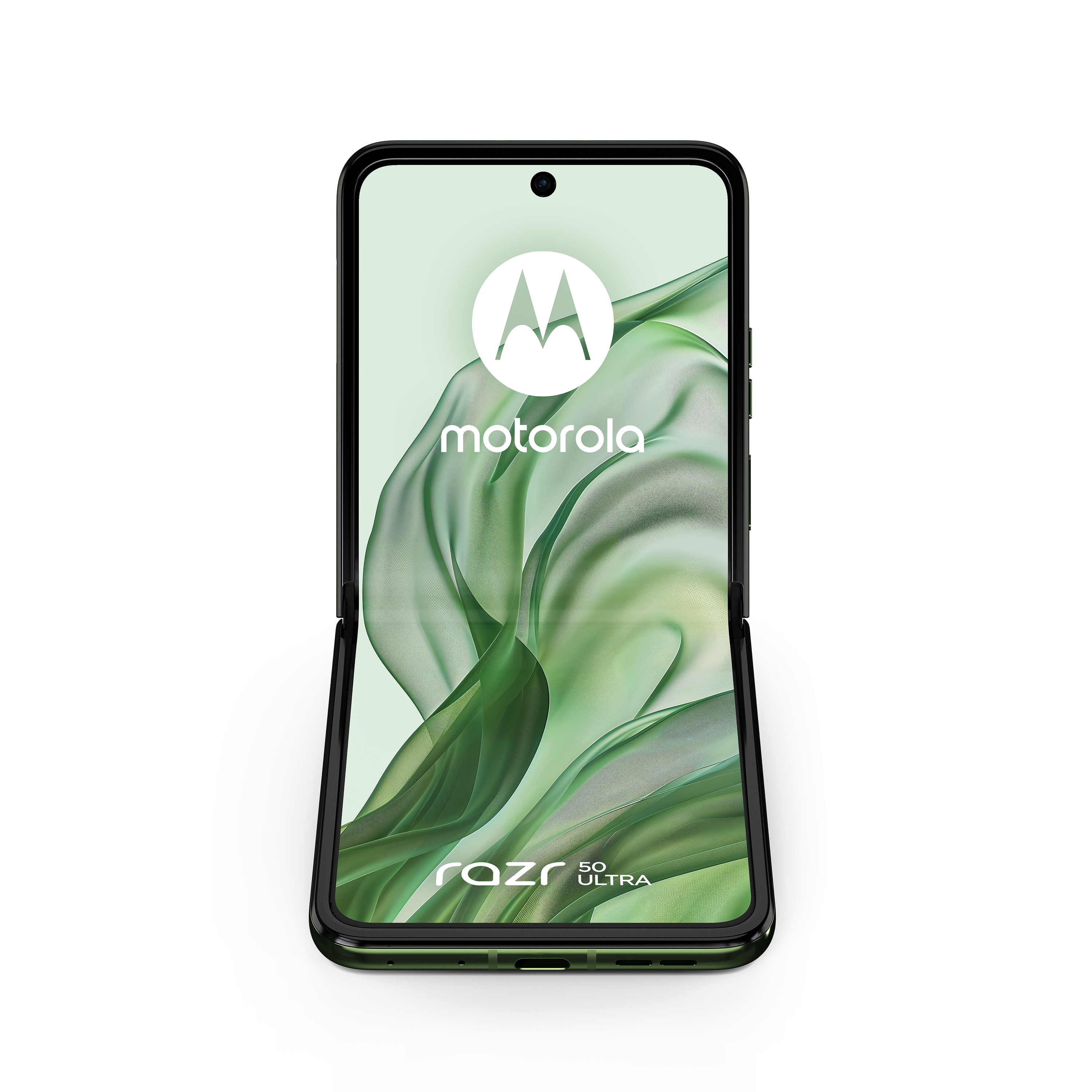 Motorola Razr 5G Ultra, schwarz und grün, geöffnet, zeigt den Bildschirm und das Logo.