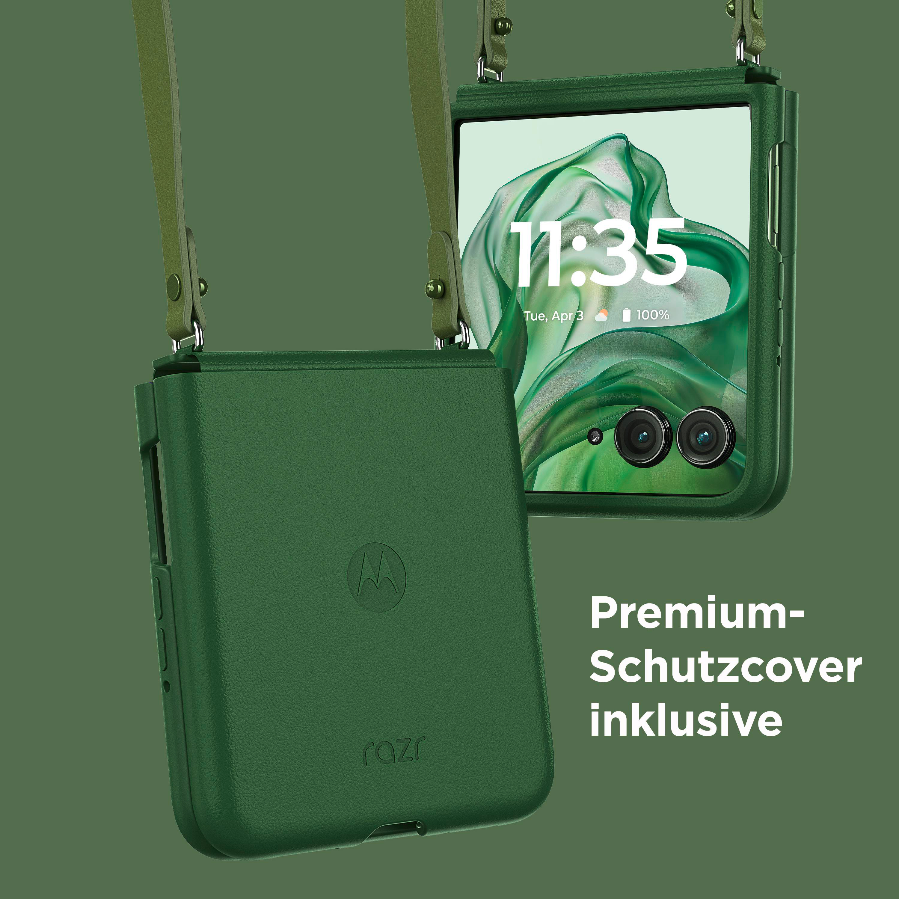 Grünes Telefon mit Tragecase und Motorola-Logo. Das Telefon zeigt die Uhrzeit und den Akkustand.
