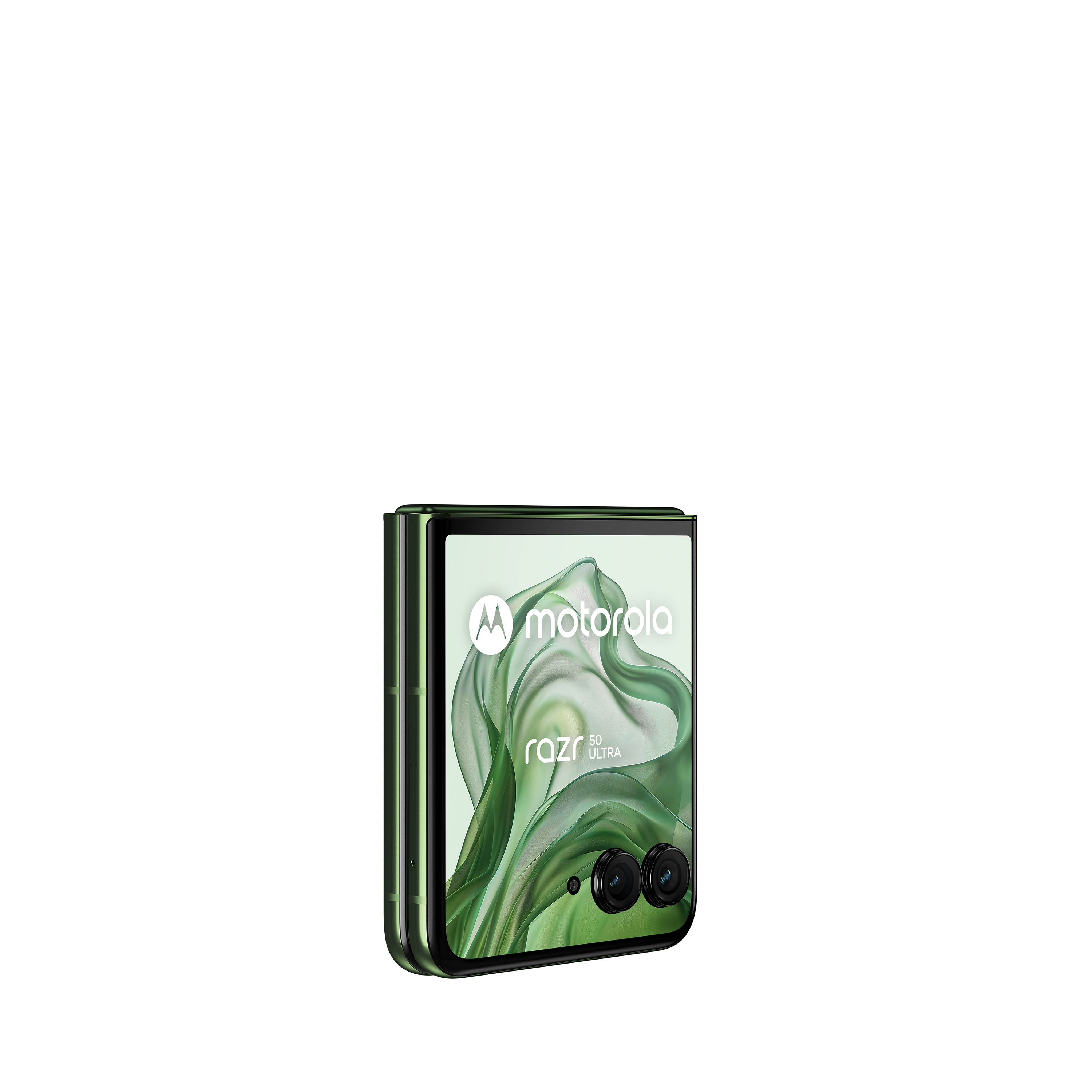 Gefaltetes grünes Motorola Razr 50 Ultra Telefon, weißer Hintergrund.
