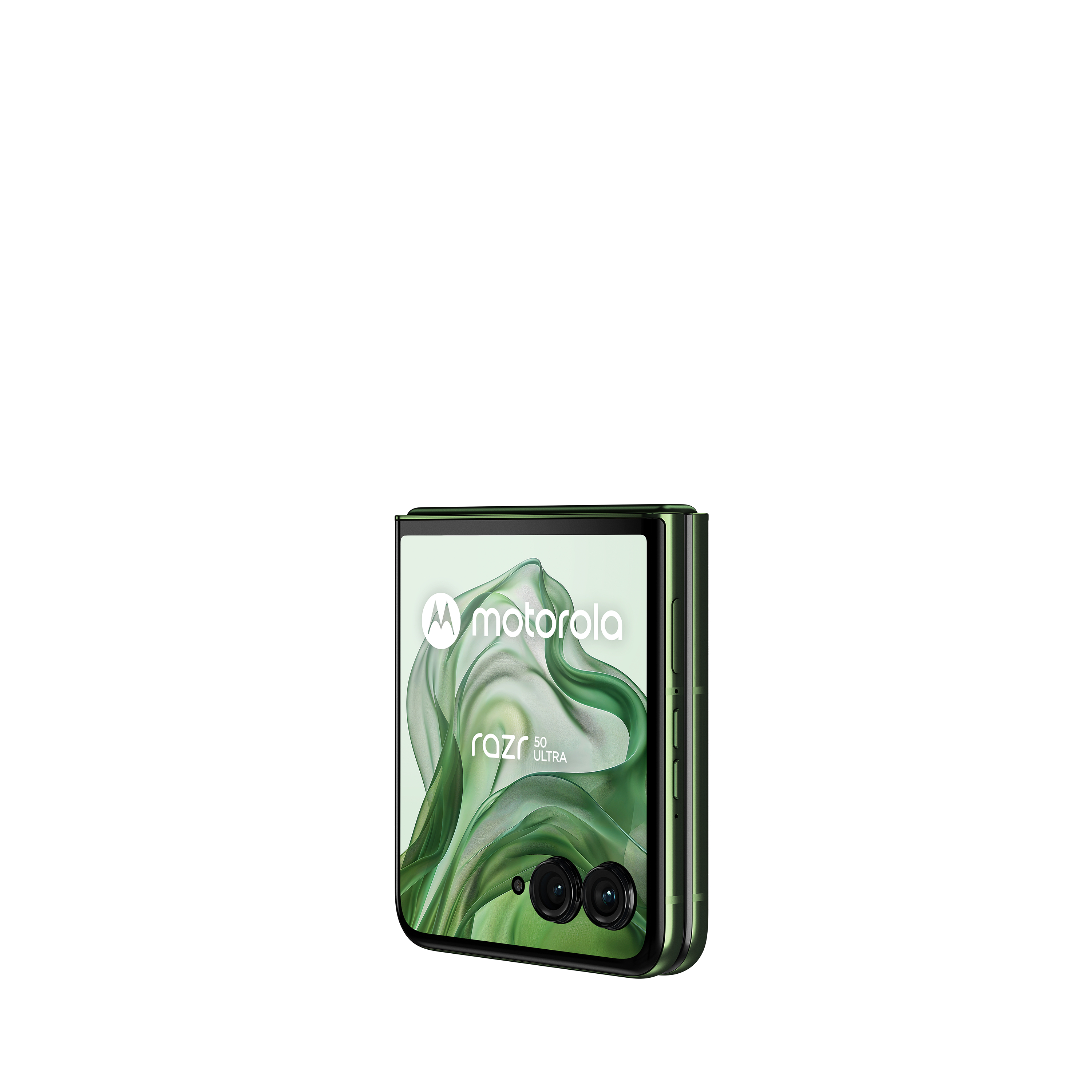 Grünes faltbares Telefon, teilweise geöffnet. Motorola-Logo ist auf dem Bildschirm und der Rückseite sichtbar.