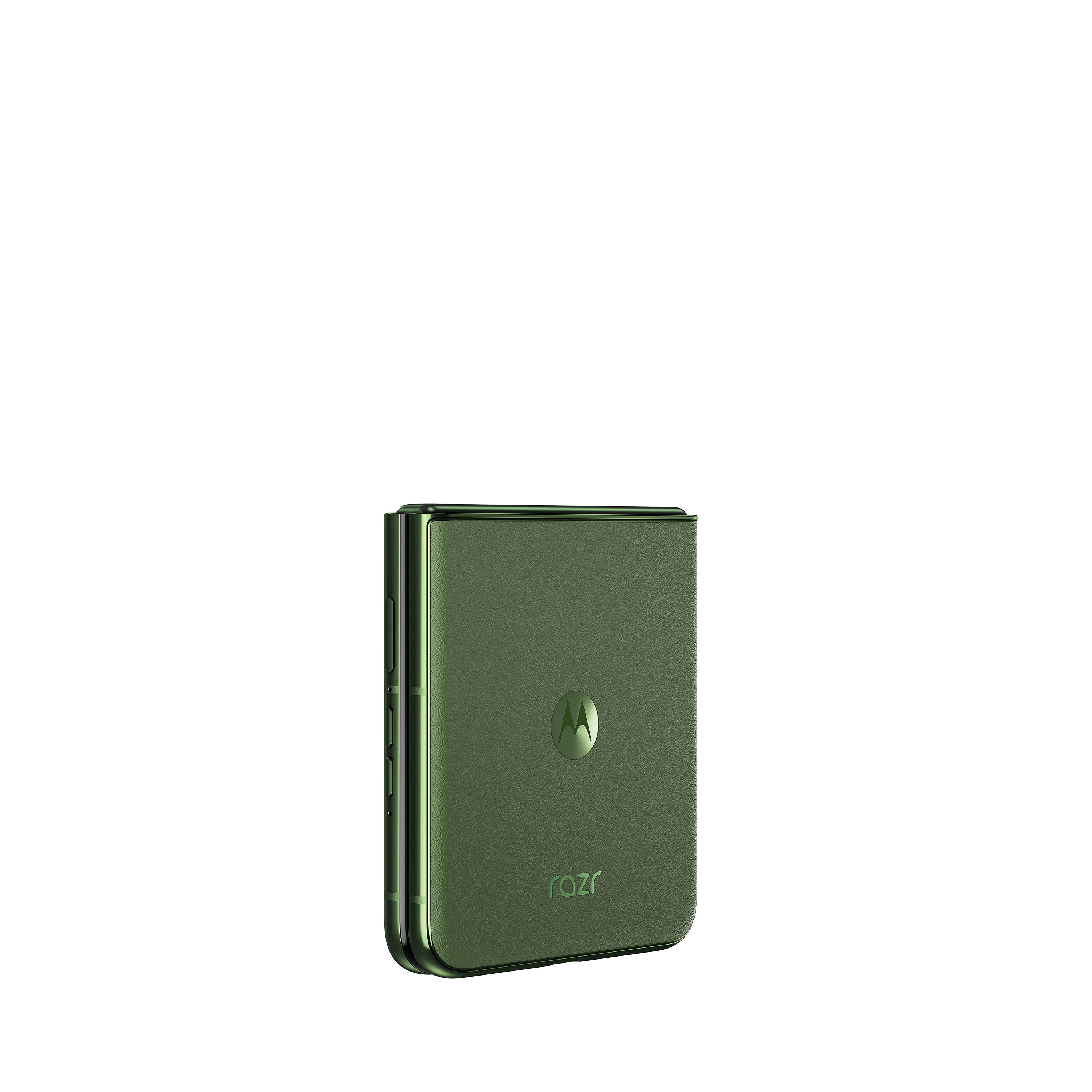 Grünes faltbares Telefon, geschlossen. Das Motorola-Logo befindet sich auf der Rückseite des Telefons.