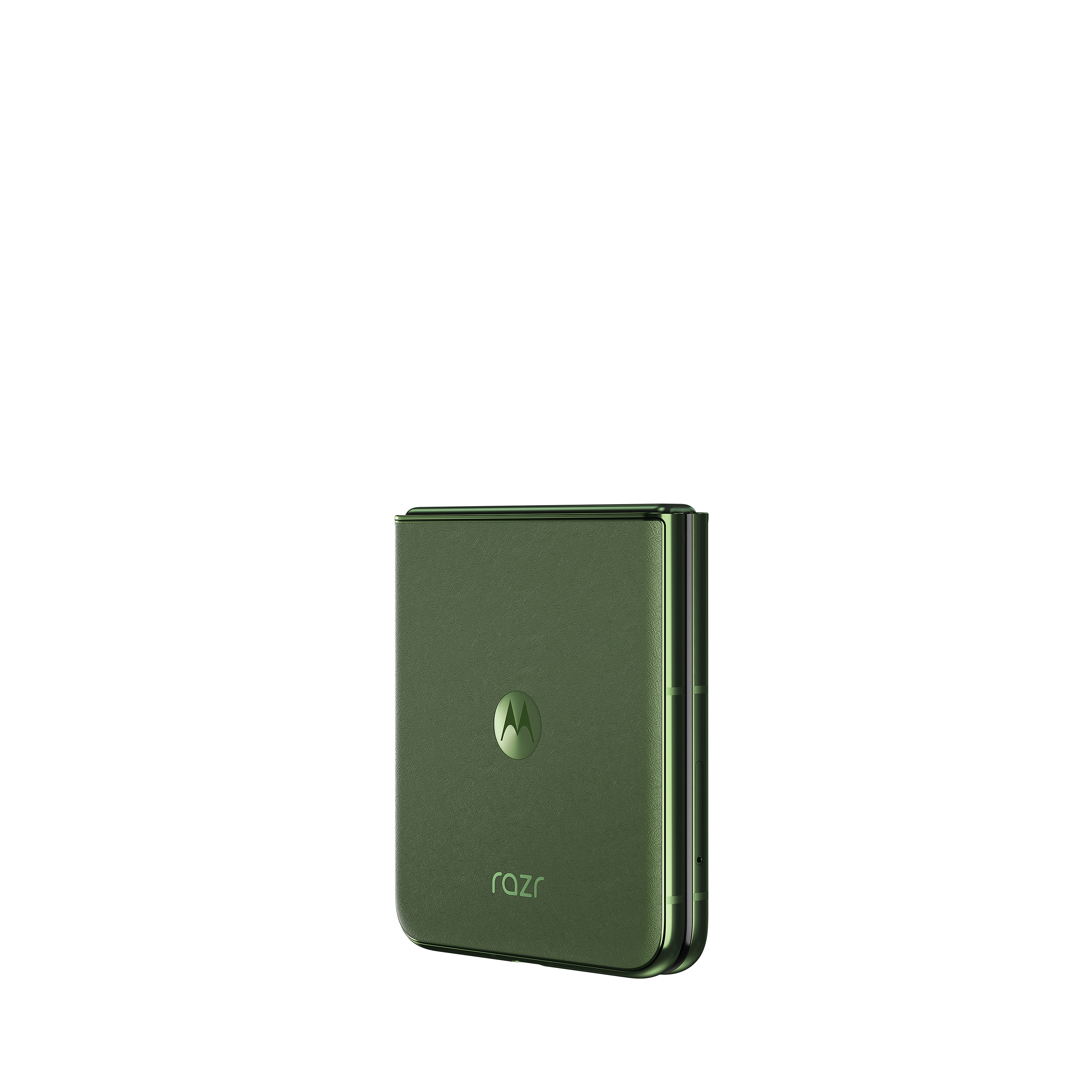 Grünes faltbares Telefon, geschlossen. Das Motorola-Logo befindet sich auf der Rückseite des Telefons.