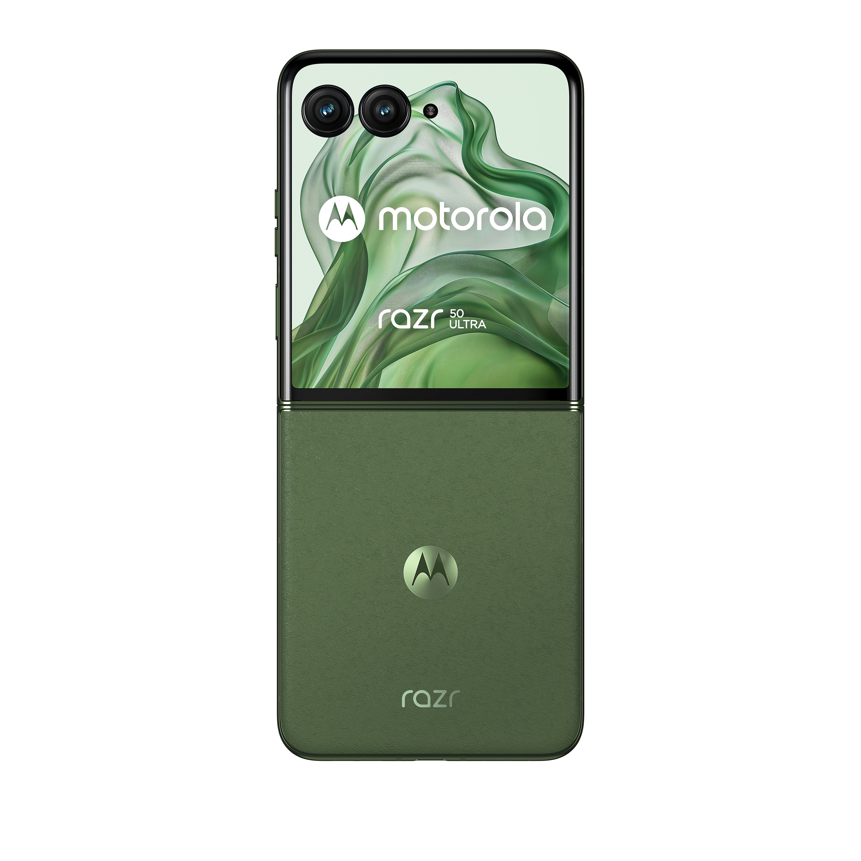 Grünes faltbares Telefon, teilweise geöffnet. Motorola-Logo auf Rückseite und Bildschirm.