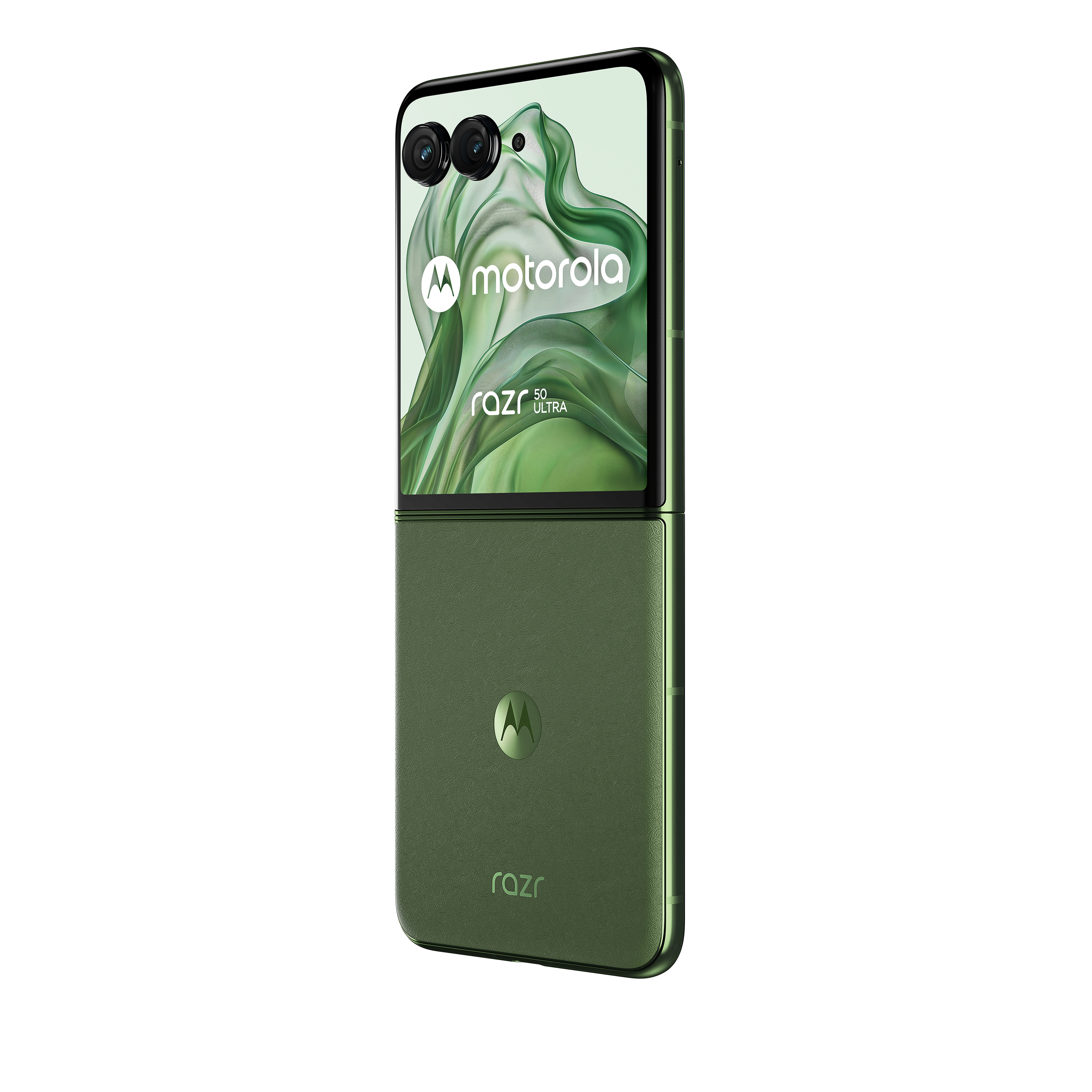 Grünes Motorola Razr 5G Ultra-Telefon, gefaltet, Rückansicht, mit Dual-Kamera.