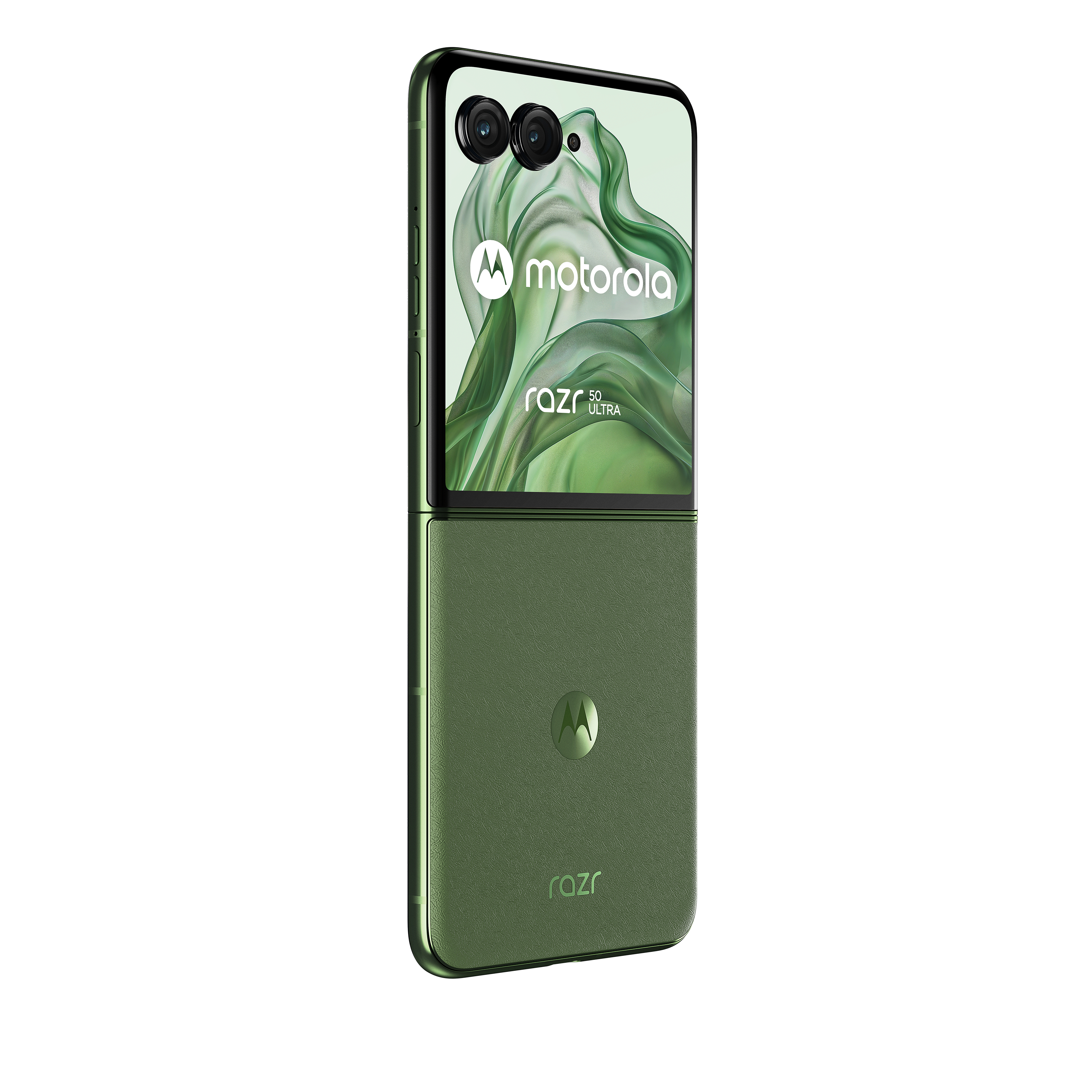 Grünes Motorola Razr 50 Ultra Telefon, gefaltet, zeigt einen Bildschirm.