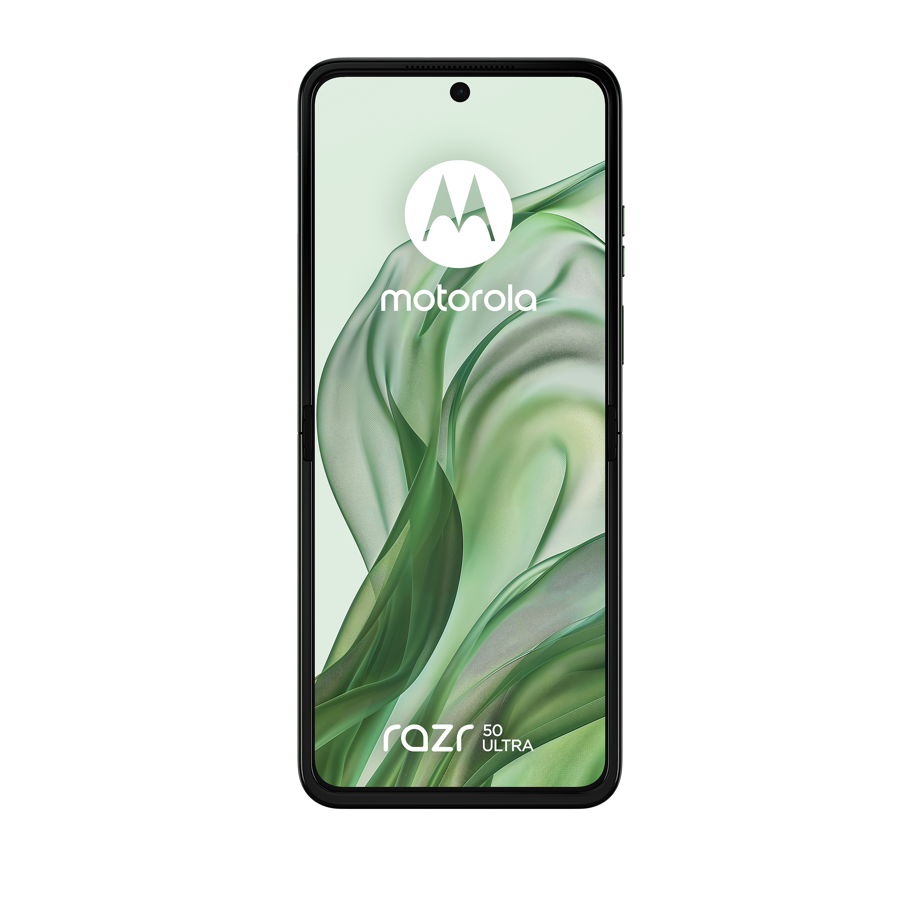 Motorola Razr 50 Ultra, schwarzer Rahmen, gefaltet, Bildschirm zeigt grünes Muster.