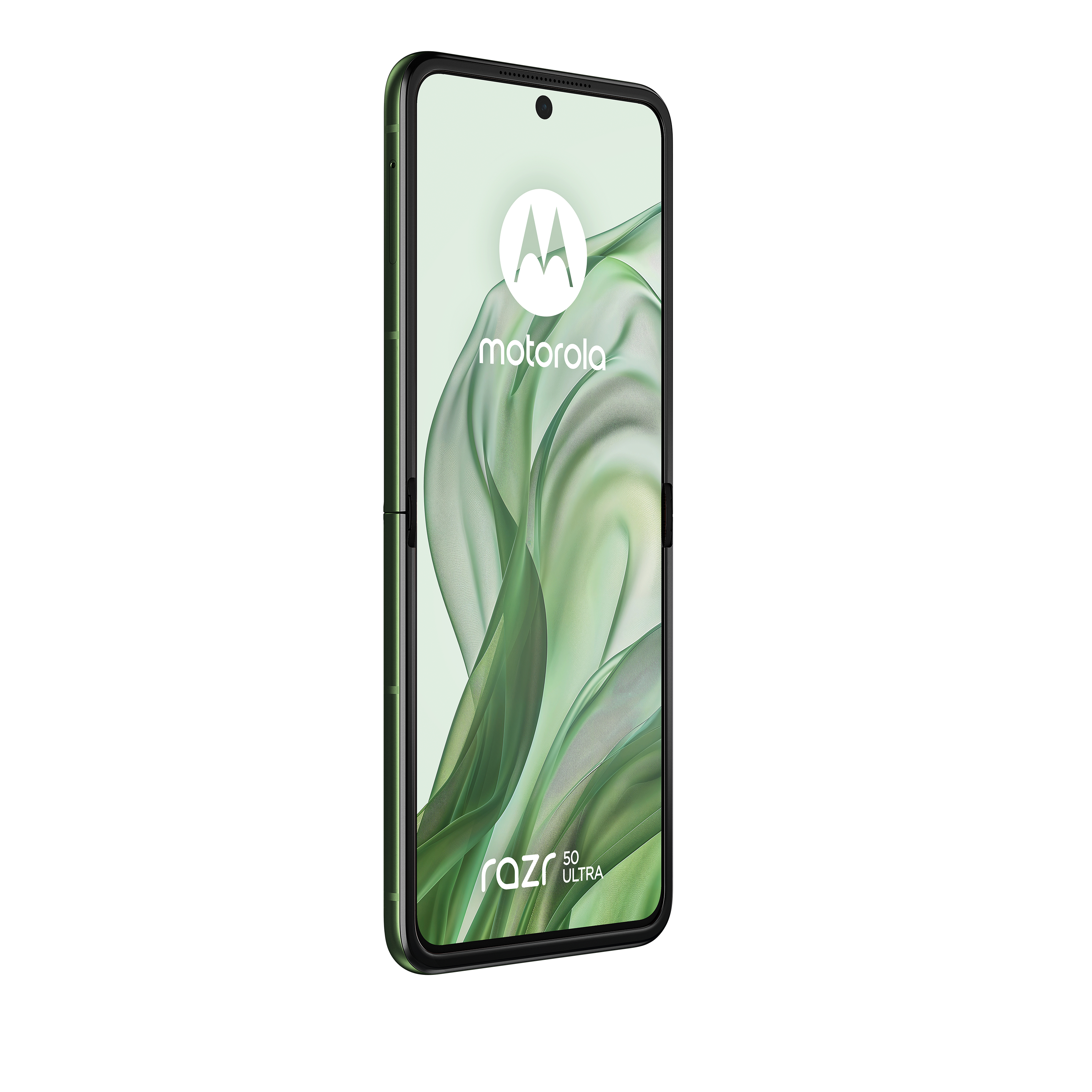 Motorola Razr 5G Ultra Smartphone, grüner Rahmen, weißes Logo, grauer Bildschirm.