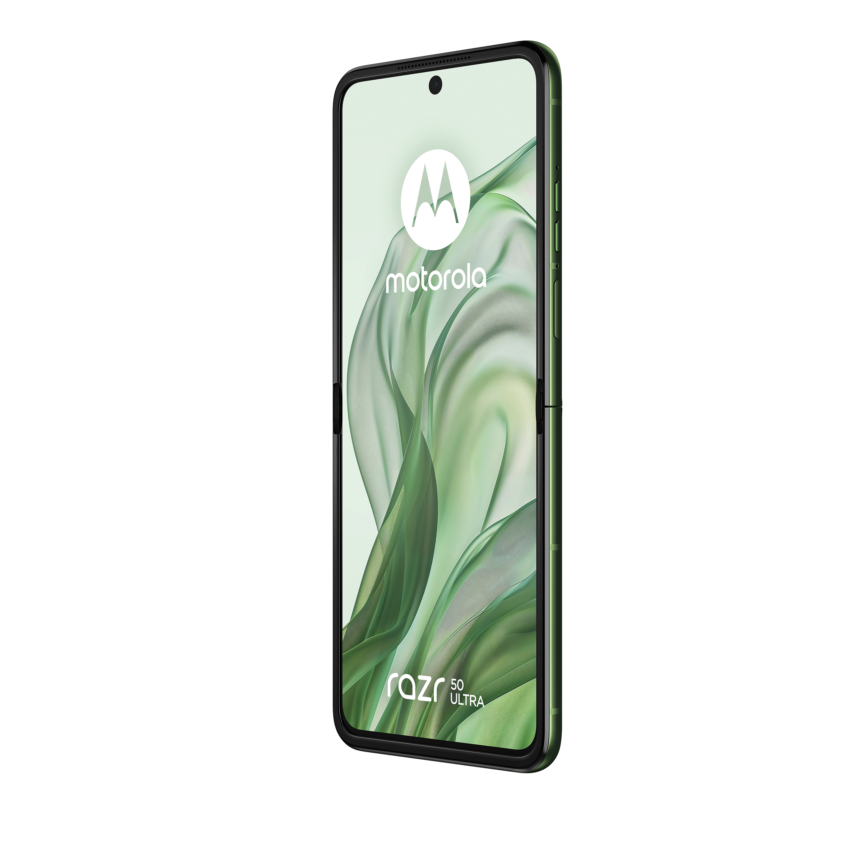 Motorola Razr 50 Ultra, grüner Rahmen, halb geöffnet, grünes Muster auf dem Bildschirm.
