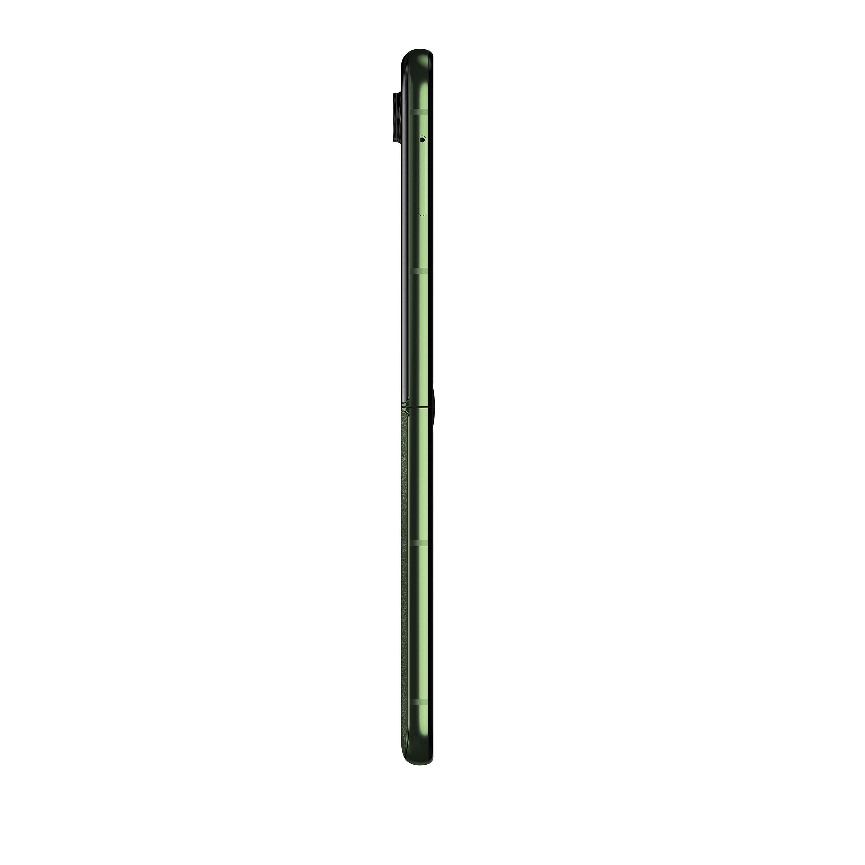 Motorola Razr 50 Ultra, grünes Seitenprofil, Scharnier und Knöpfe sichtbar.