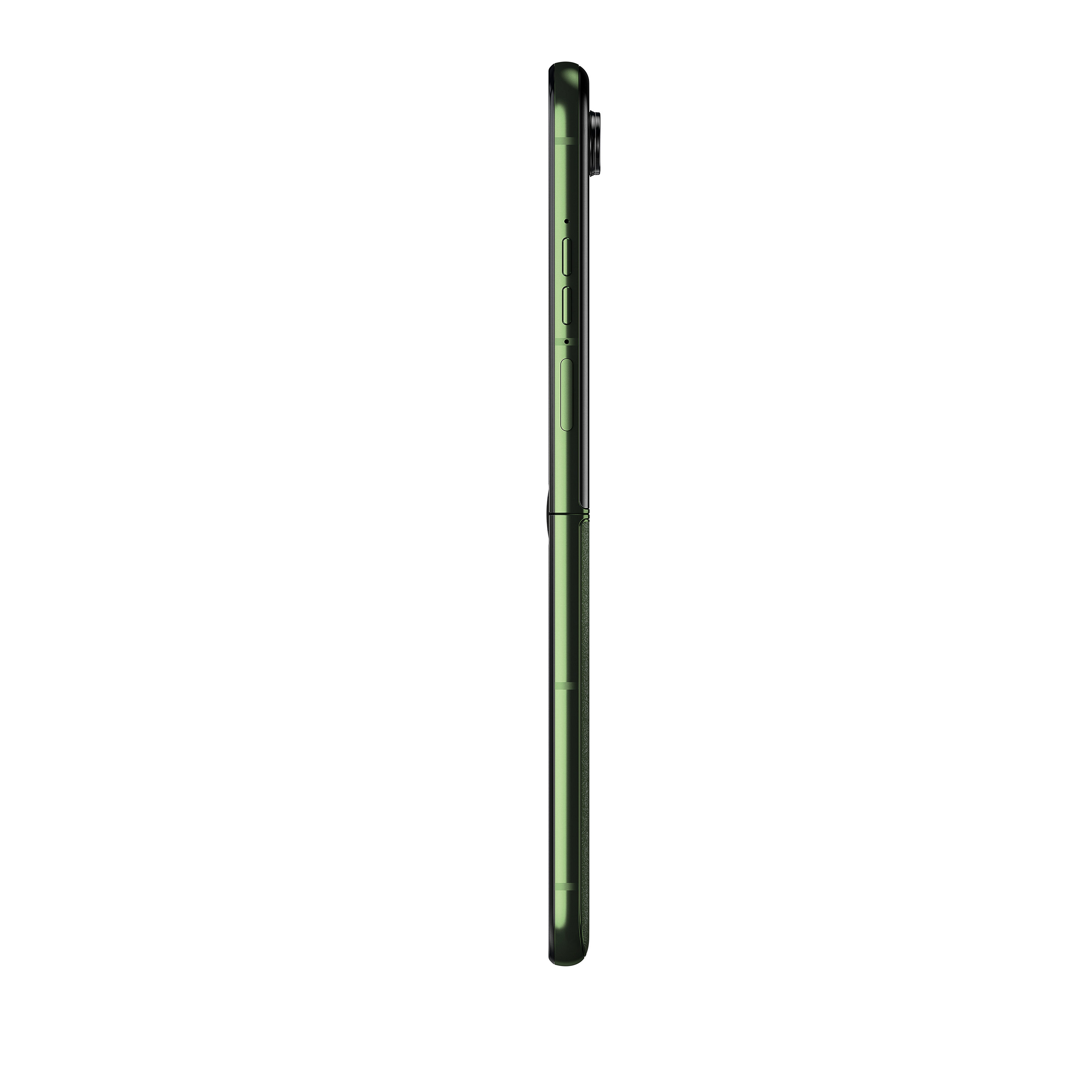 Seitenansicht eines schwarzen und grünen faltbaren Telefons mit schlankem Design.