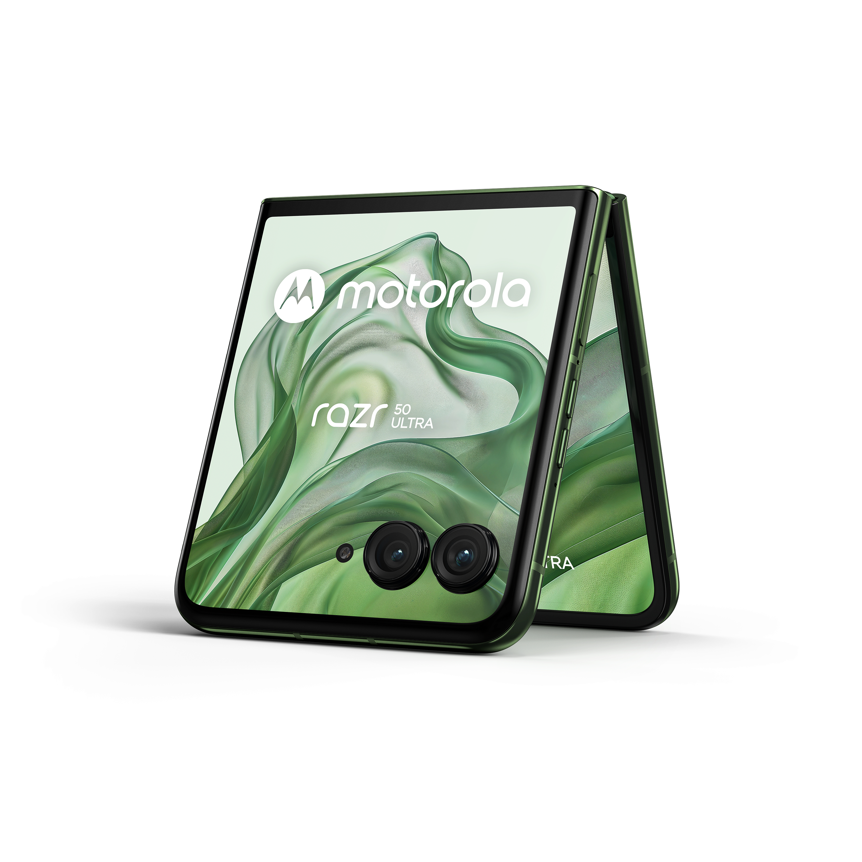 Ein grünes Motorola Razr 50 Ultra Klapphandy ist geöffnet. Es befindet sich auf weißem Hintergrund.