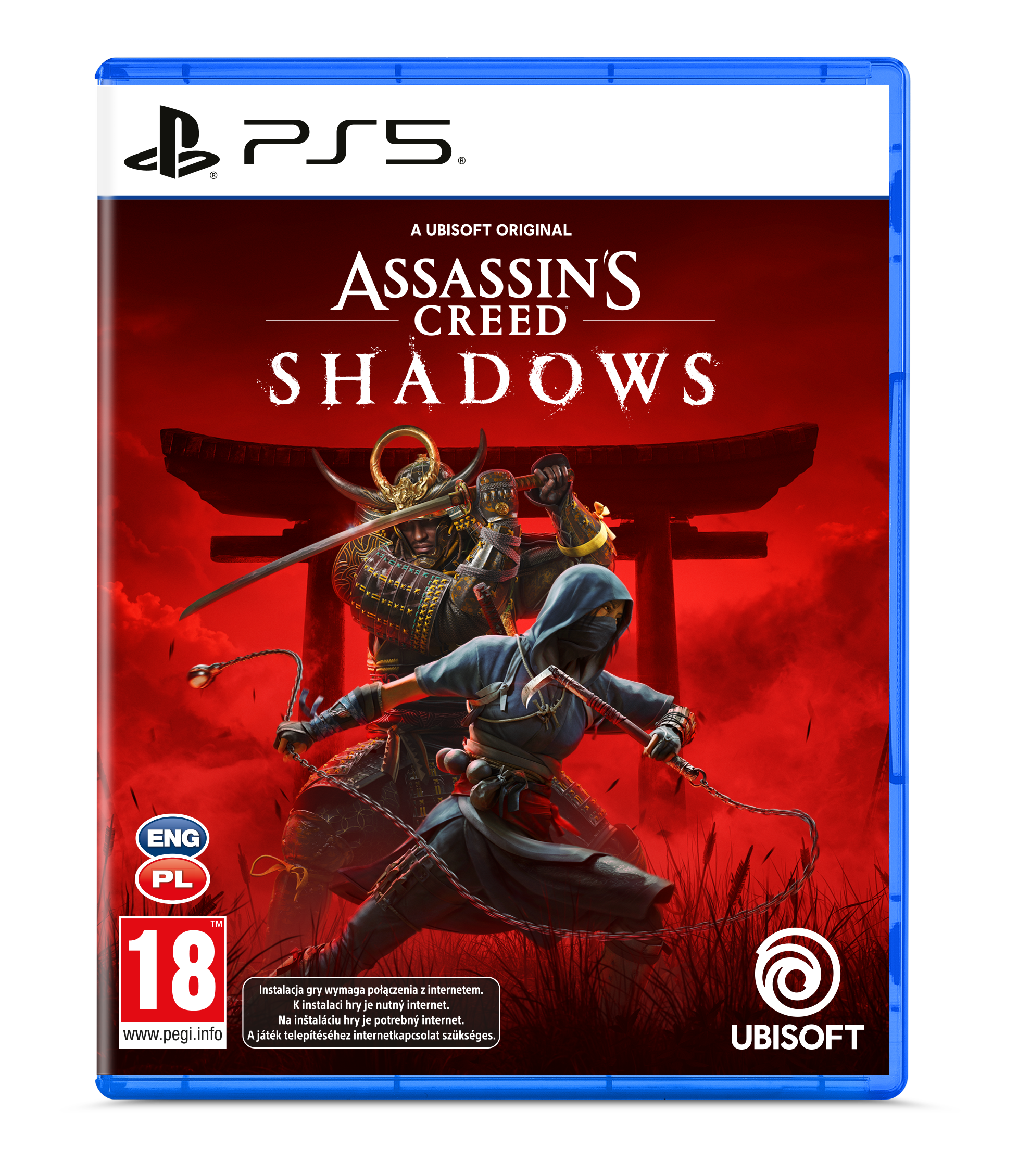 Okładka gry PS5: Assassin's Creed Shadows. Samuraj i ninja walczą na czerwonym tle.
