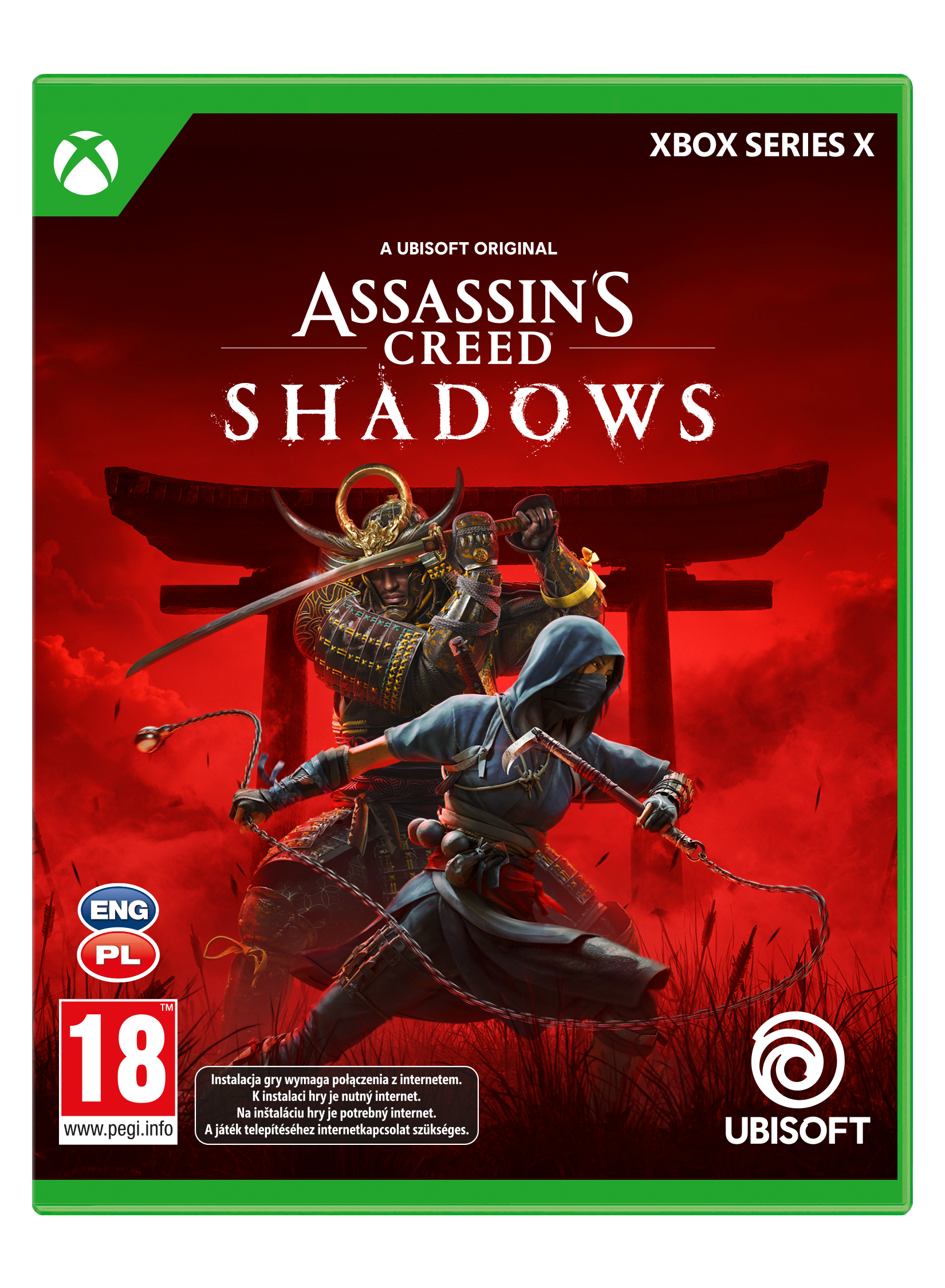 Pudełko gry Xbox Series X dla 'Assassin's Creed Shadows'. Grafika przedstawia dwóch walczących samurajów.
