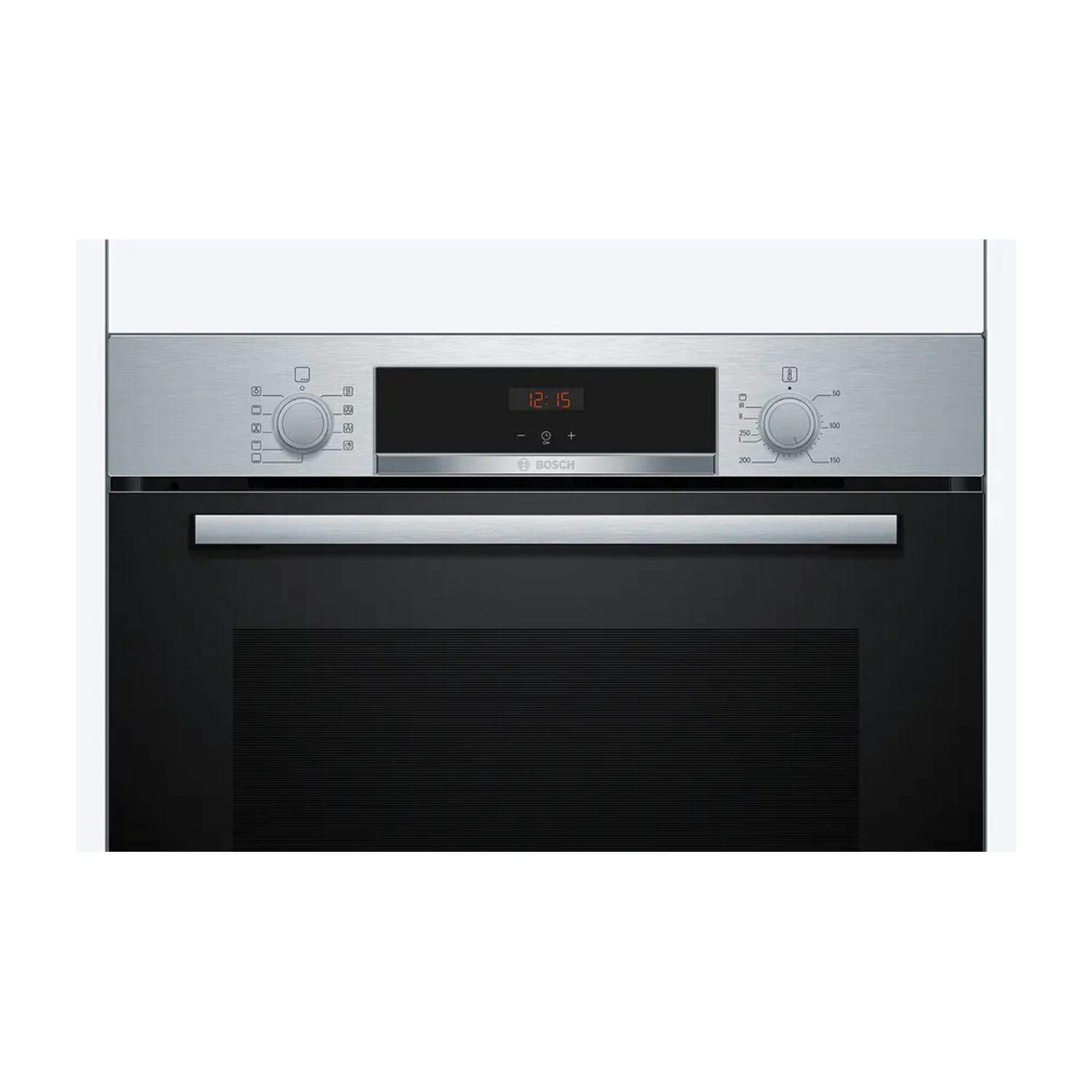 Pannello di controllo del forno argentato con display digitale, manopole e pulsanti. Porta nera.