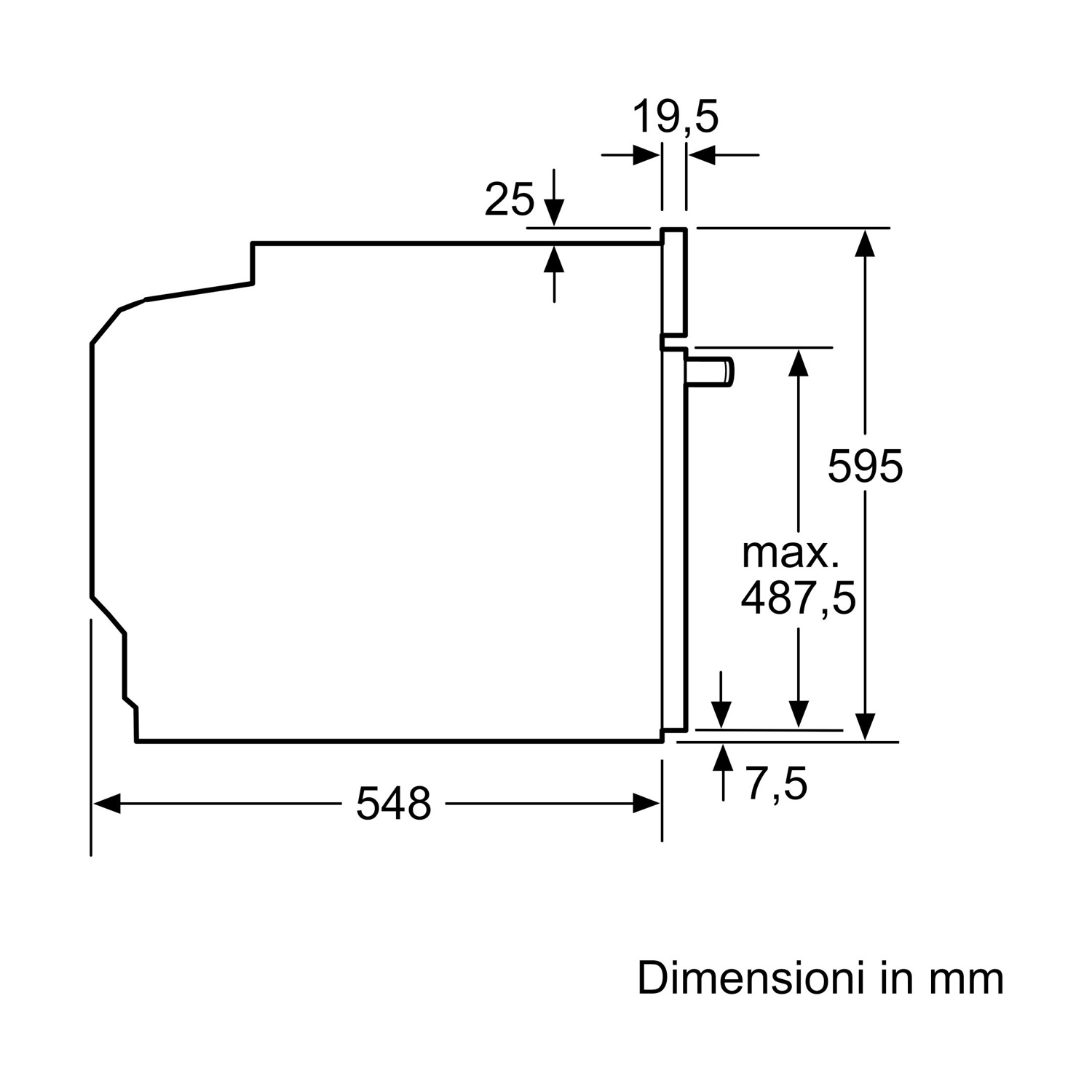 Diagramma con dimensioni di un elettrodomestico: 548mm lunghezza, 595mm altezza e 19,5mm profondità.