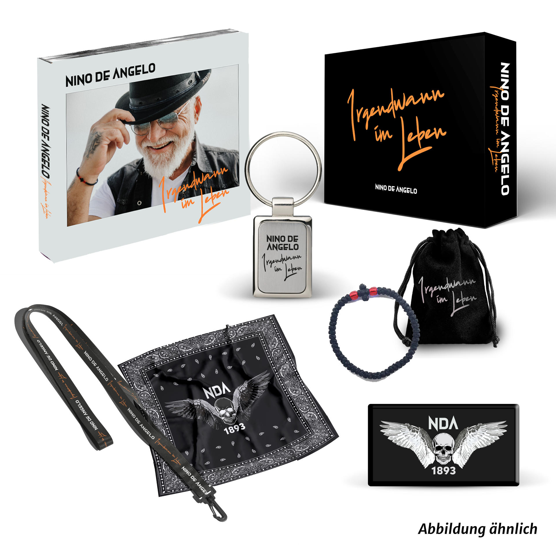 Nino De Angelo Merchandise-Set: CD, Schlüsselanhänger, Bandana, Armband und Patch mit Logo.