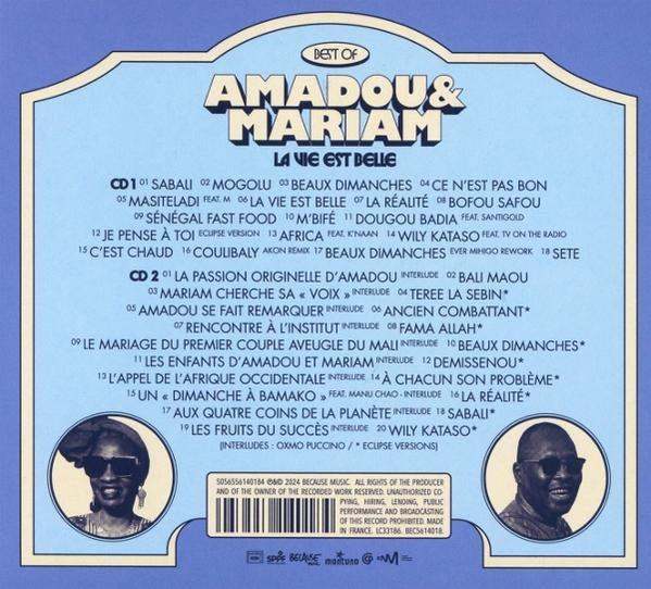 Rückseite einer CD von Amadou & Mariam, mit Titellisten und Künstlerbildern.