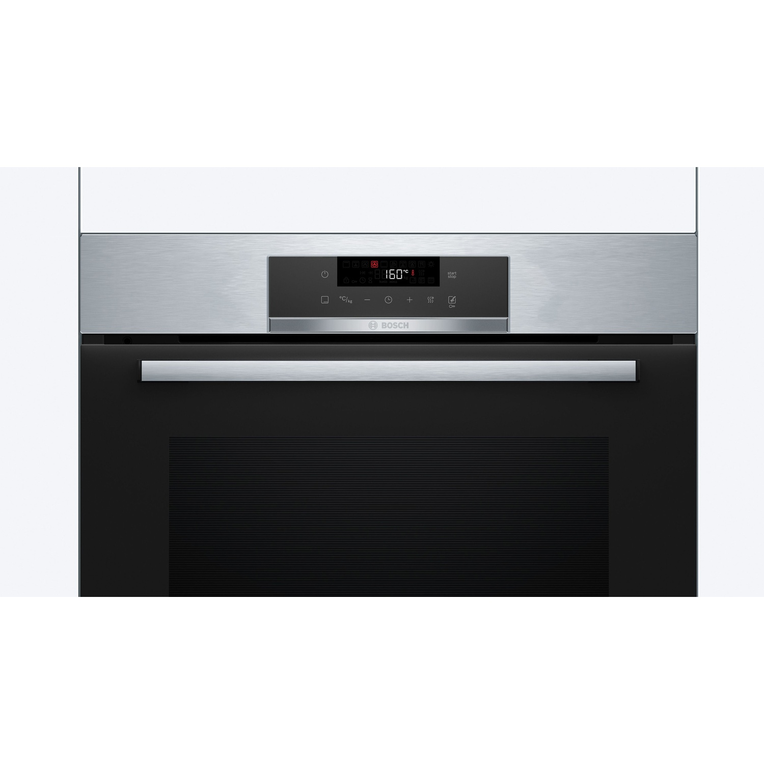 Primo piano del pannello di controllo di un forno a incasso. Il display mostra temperatura e impostazioni.