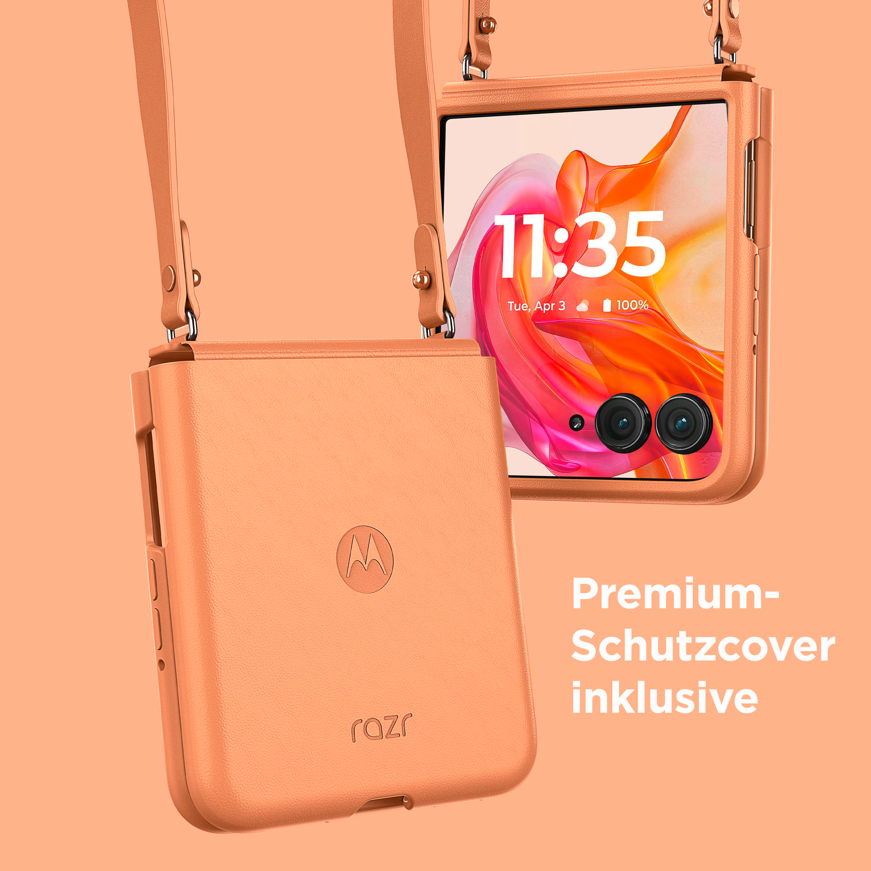 Oranges Telefon in einer orangen Hülle mit Riemen, neben einem anderen.