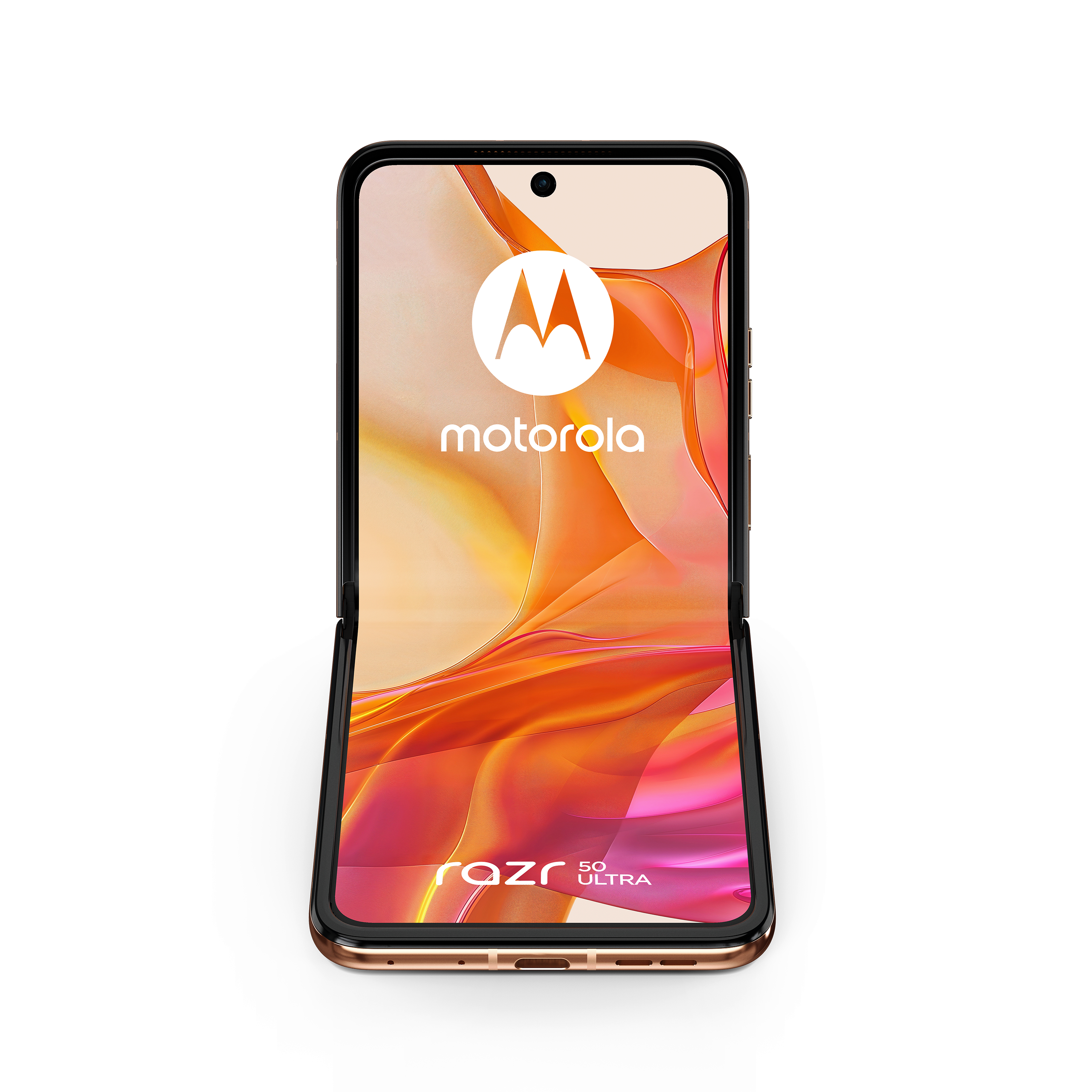Ein geöffnetes Motorola Razr 50 Ultra-Handy. Der Bildschirm zeigt das Motorola-Logo mit orangefarbenem Hintergrund.