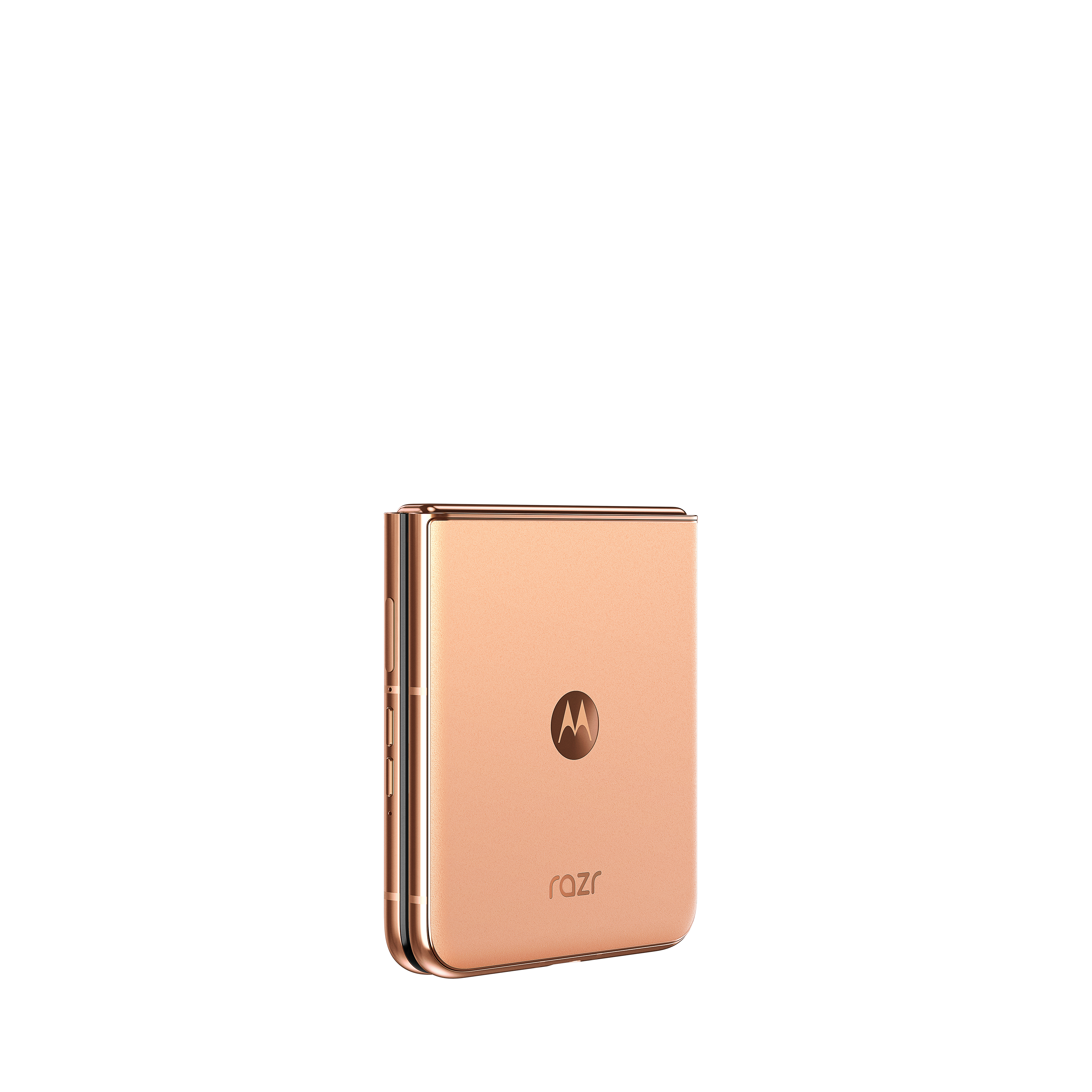 Geschlossenes roségoldenes Motorola Razr-Telefon, Rückansicht, mit Logo und Text auf weißem Hintergrund.