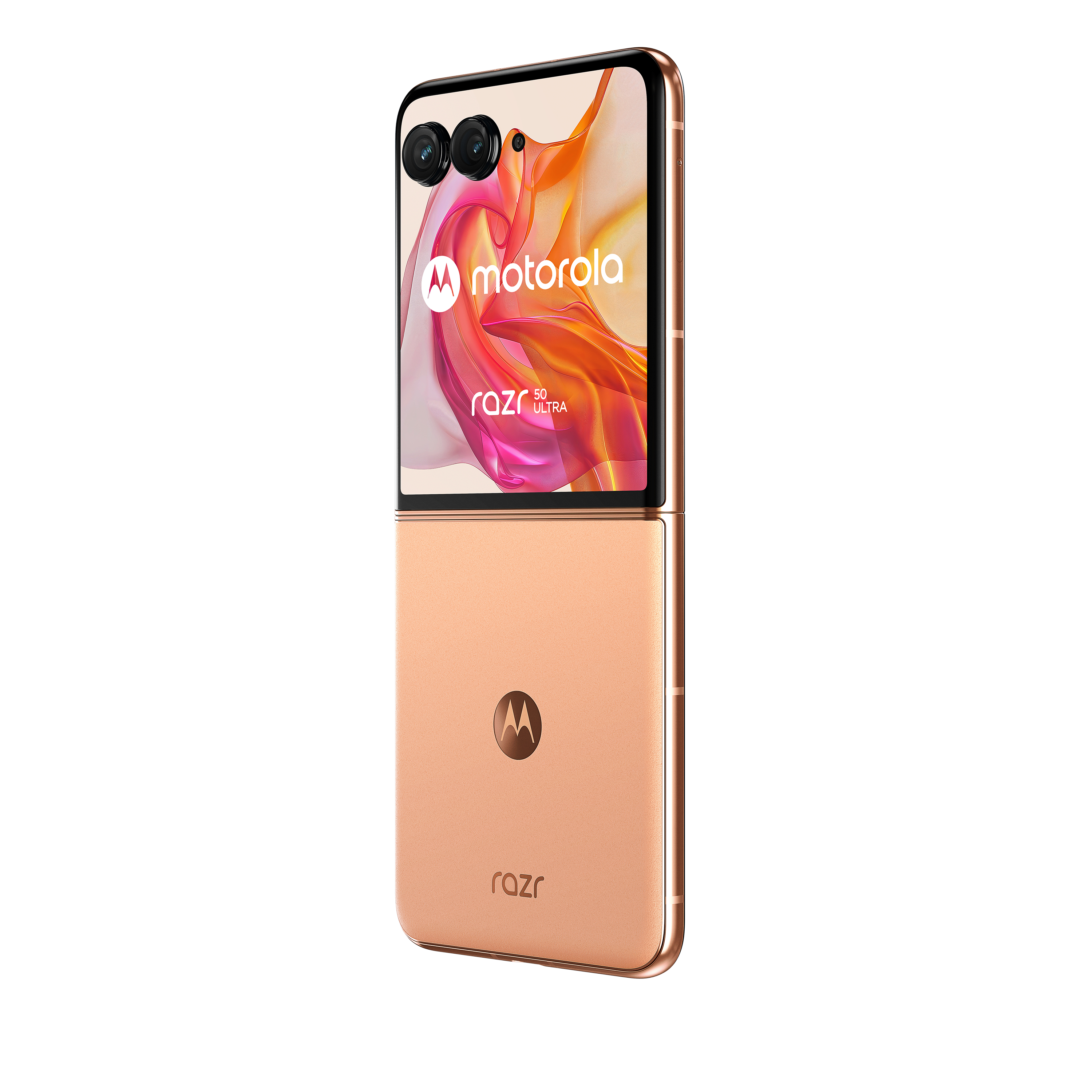 Roségoldenes Motorola Razr 50 Ultra, teilweise geöffnet, zeigt Bildschirm und Rückseite auf weißem Hintergrund.