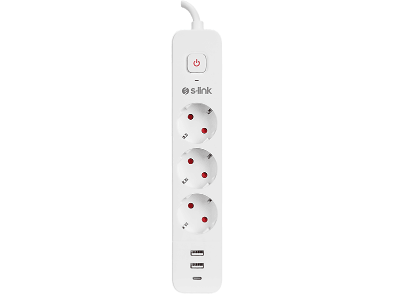 S-LINK 2 Usb +1 Type C 5V2.4A 1.5m 3x1.00mm 100% Bakır 750 Joule 3 lü Anahtarlı Akım Korumalı Priz Beyaz