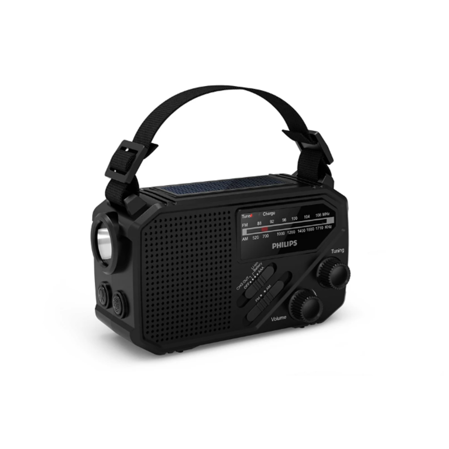 Zwarte Philips-radio met handvat, knoppen en een zaklamp, op een witte ondergrond.