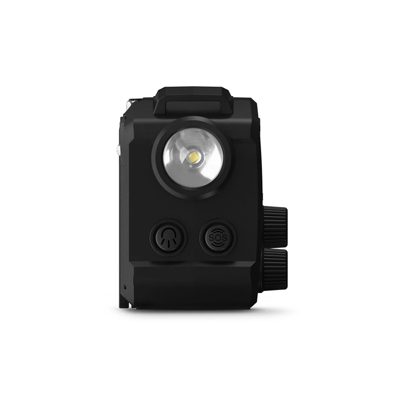 Een zwarte zaklamp met helder licht. Er zitten knoppen en draaiknoppen op de zijkant. Zwarte achtergrond.
