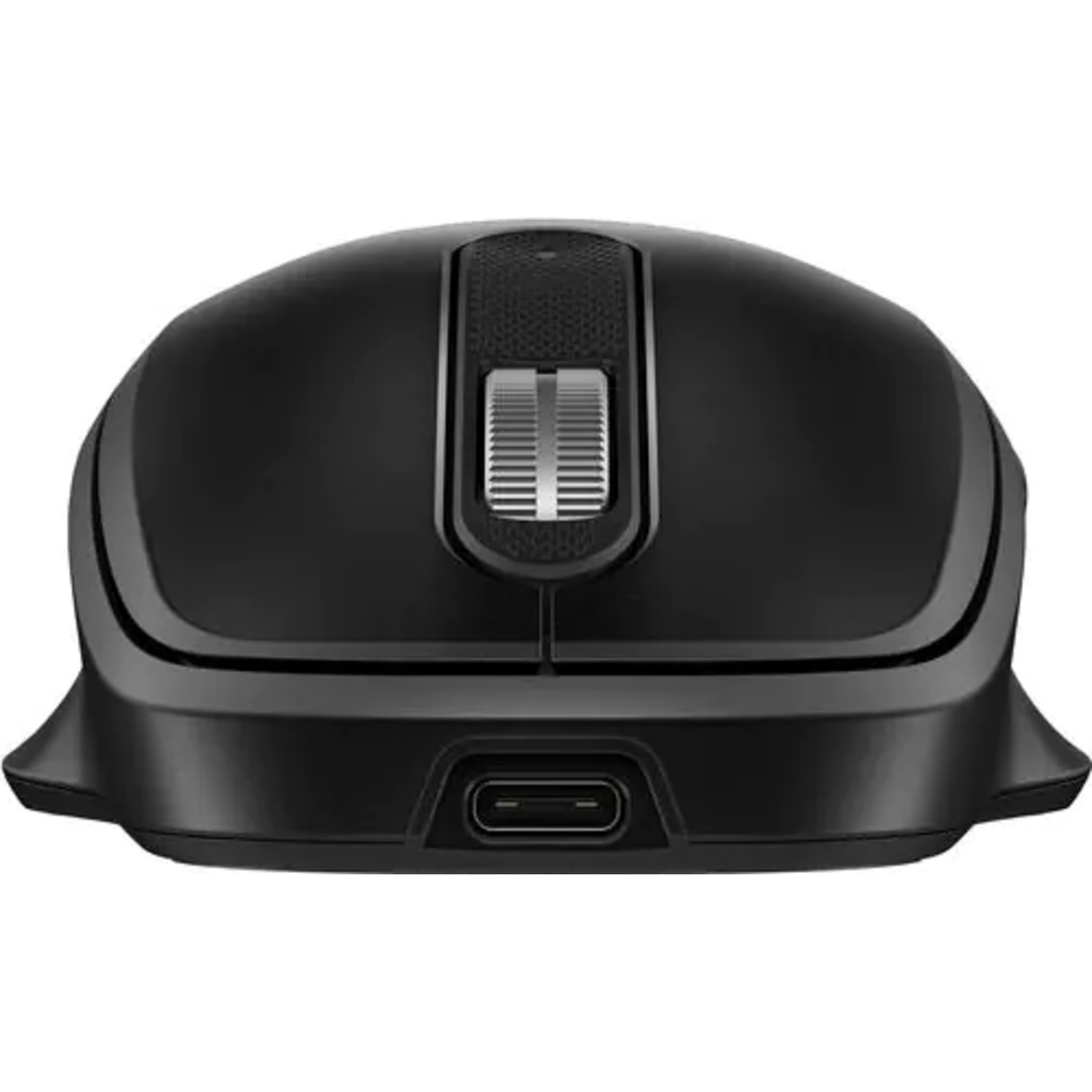 Black wireless mouse. Top view shows a scroll wheel and USB-C port.