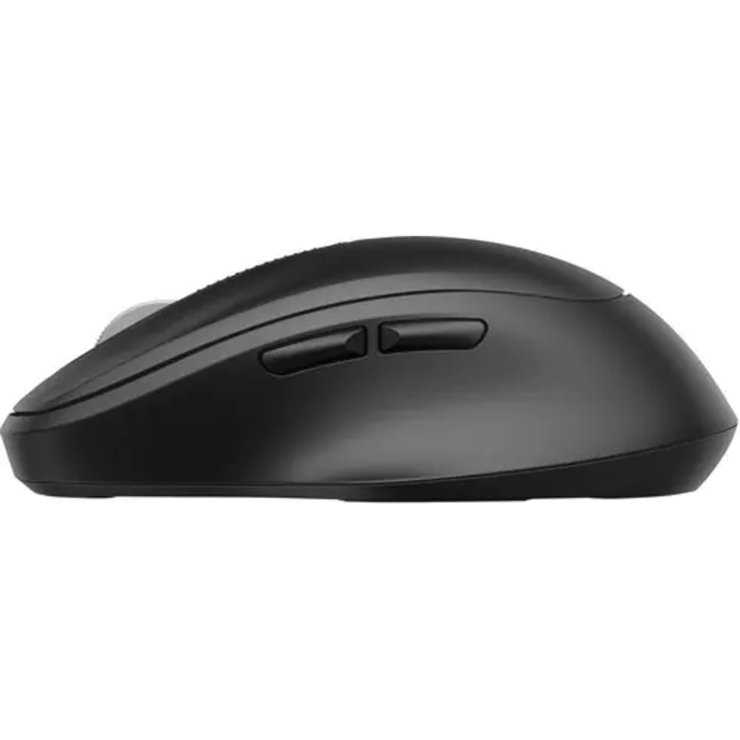Black wireless mouse. Side view showing buttons and curved design.
