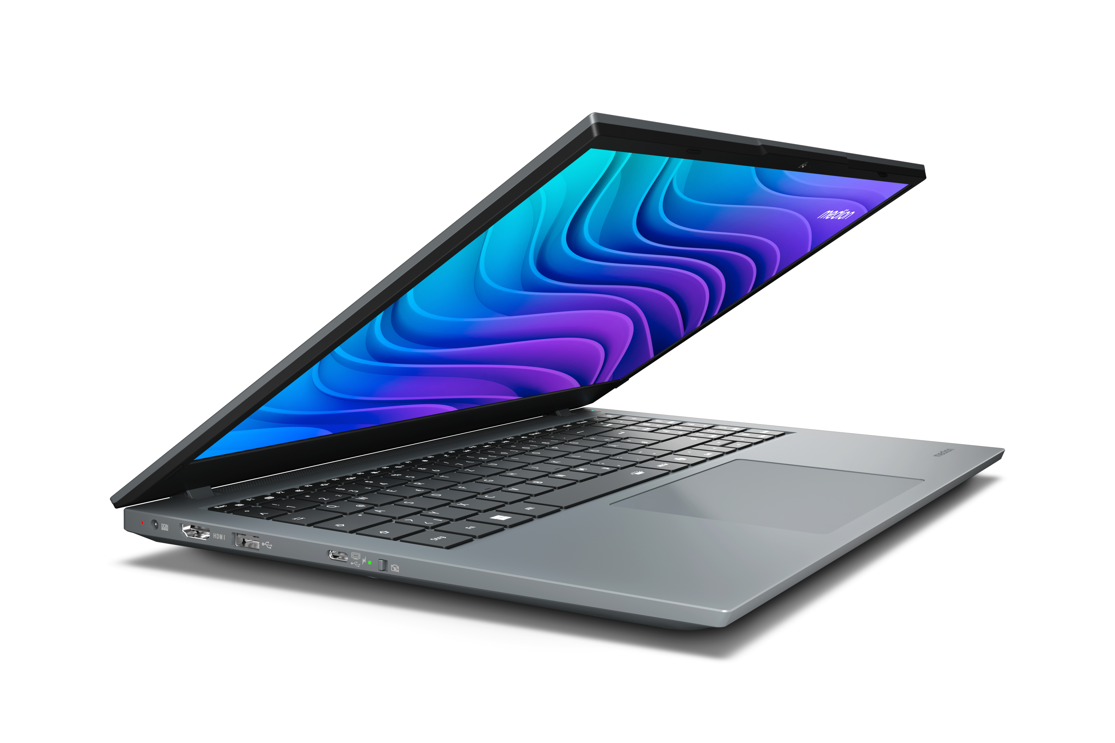 Grauer Laptop, geöffnet, schwarze Tastatur, Bildschirm mit bunten Wellen, weißer Hintergrund.