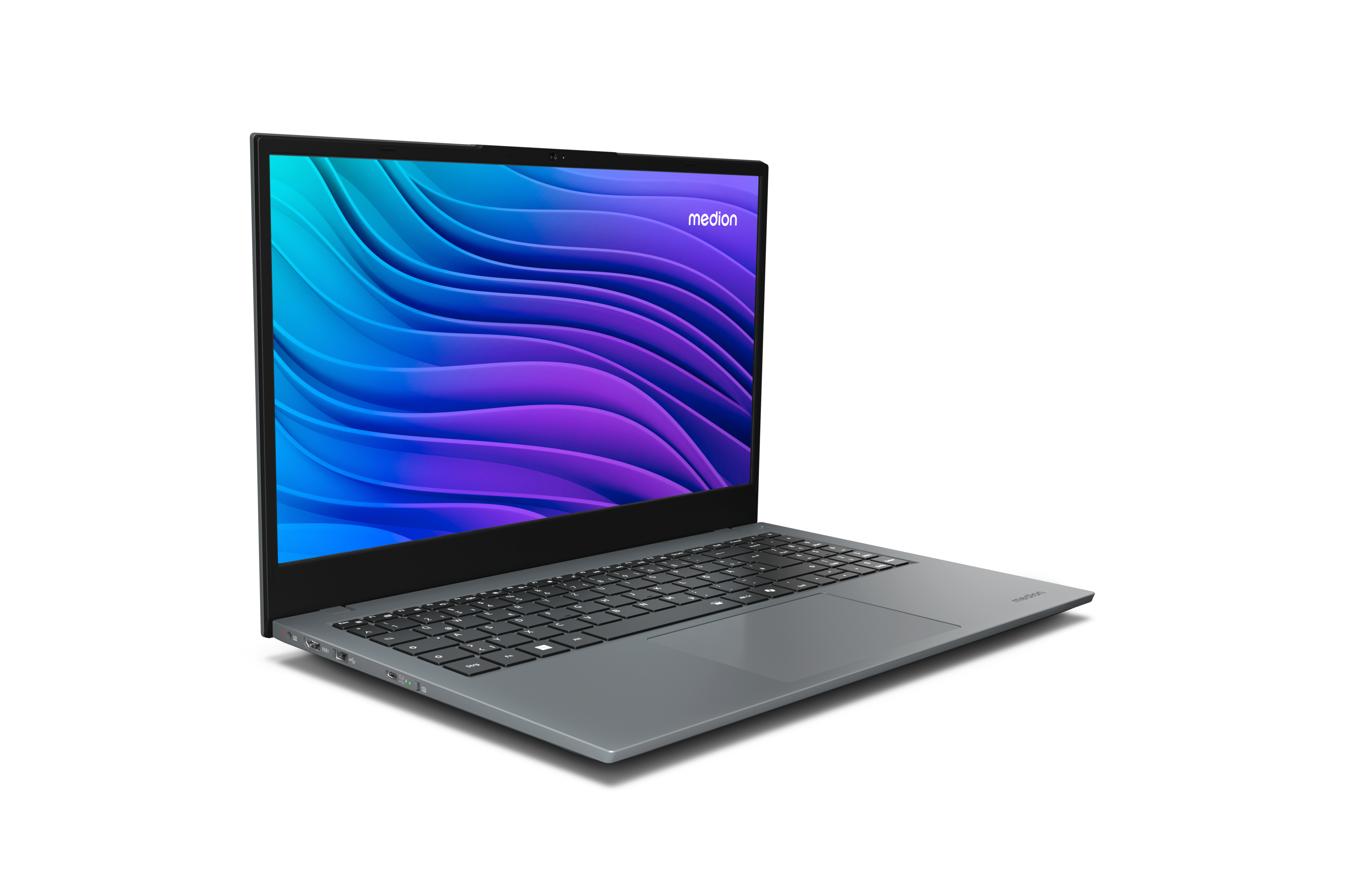 Grauer Laptop, geöffnet, schwarze Tastatur, Bildschirm mit bunten Wellen, weißer Hintergrund.