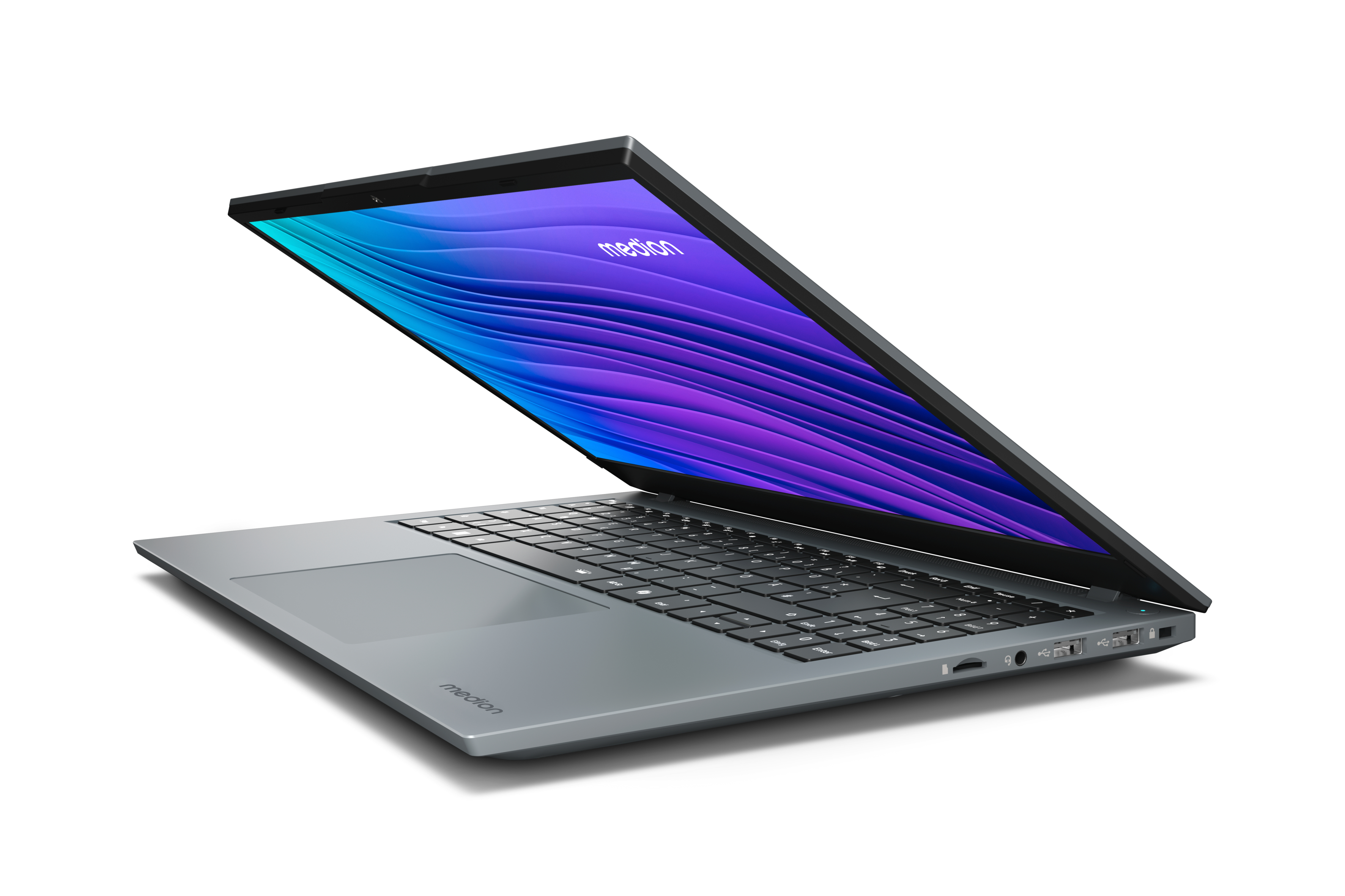 Grauer Laptop, geöffnet, schwarze Tastatur, Bildschirm mit bunten Wellen, weißer Hintergrund.