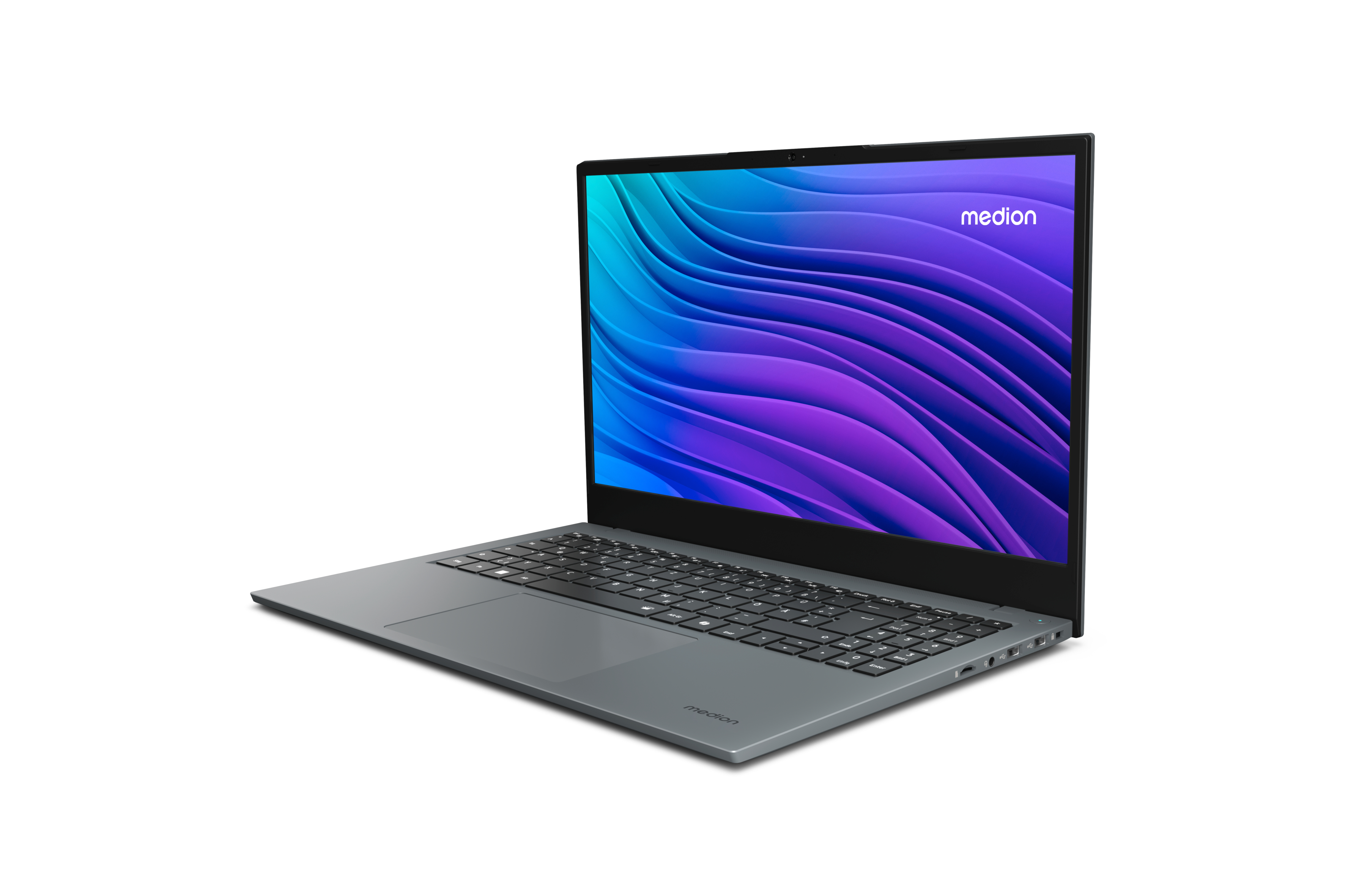 Grauer Laptop, geöffnet, schwarze Tastatur, Bildschirm mit bunten Wellen, weißer Hintergrund.