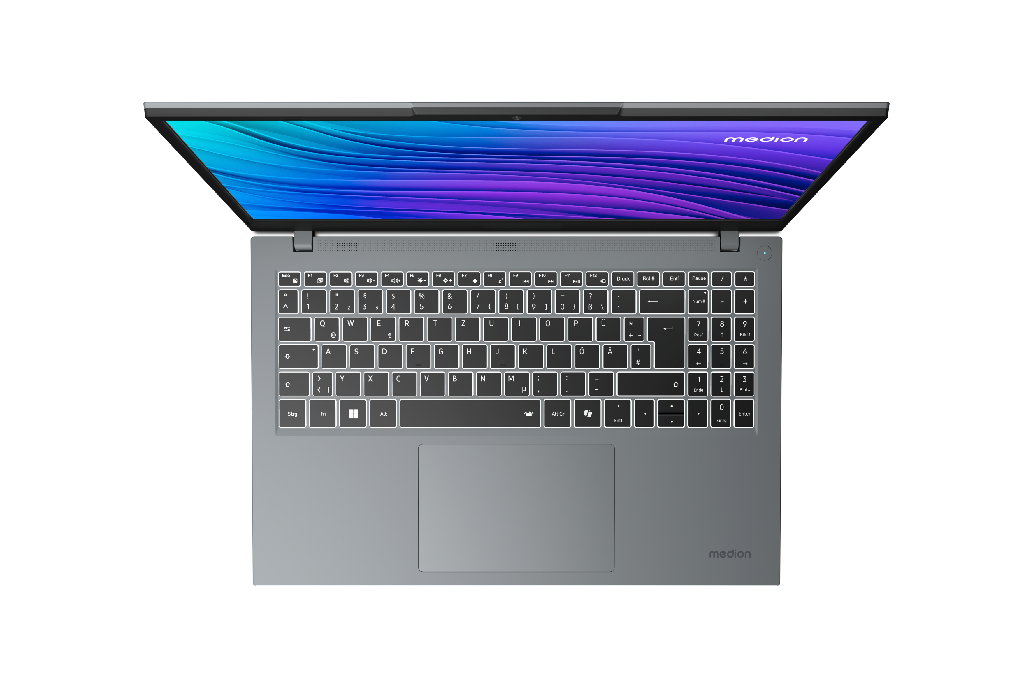 Ein grauer Laptop, Draufsicht, mit geöffnetem Deckel.