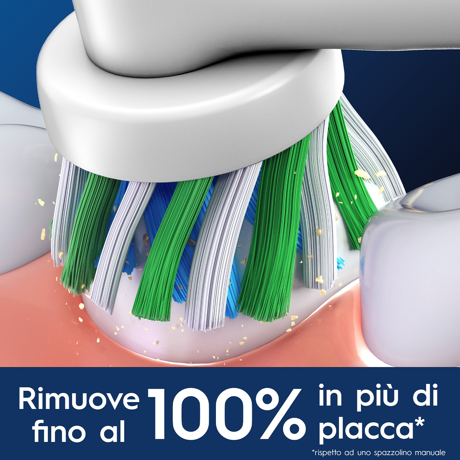 Spazzolino che pulisce i denti, primo piano, testo sulla rimozione della placca.