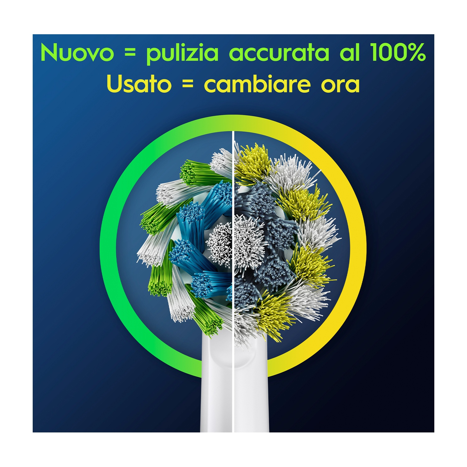 Un primo piano di una testina per spazzolino, nuova vs. usata, su sfondo scuro.